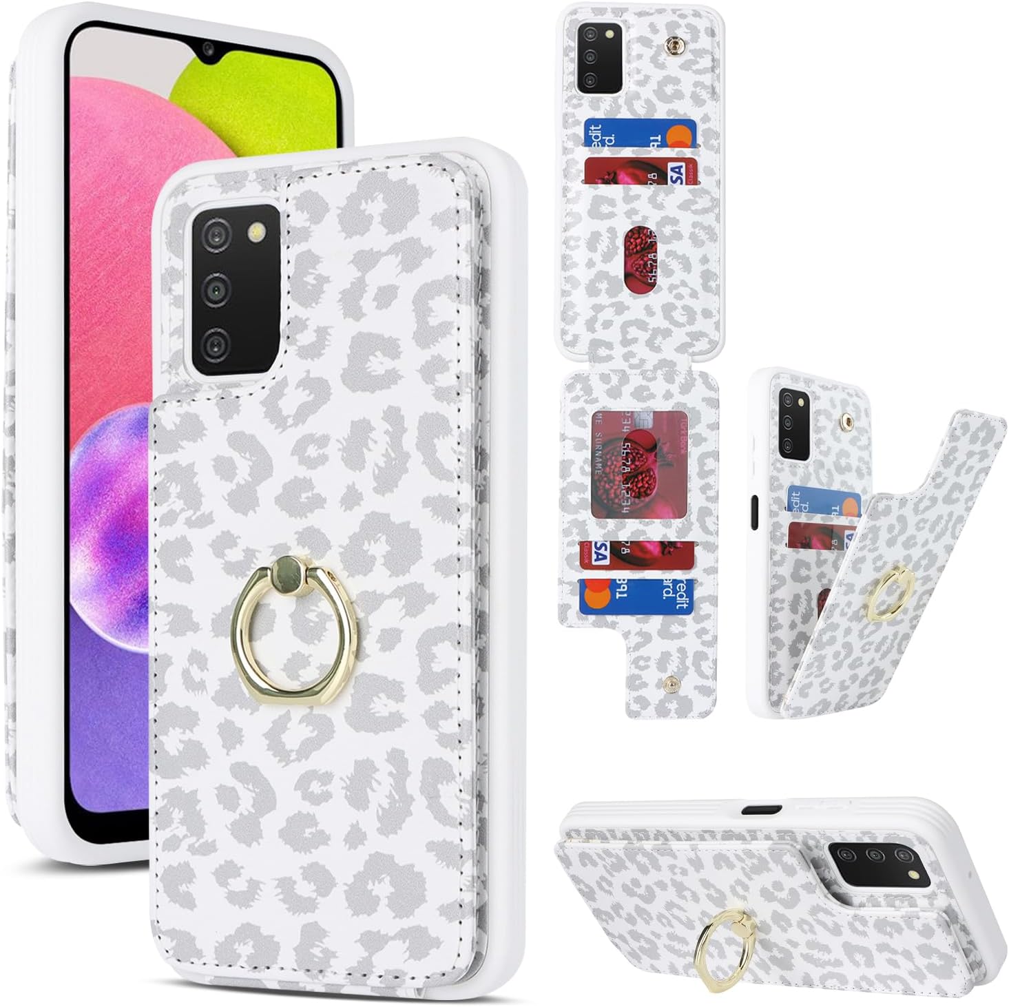 Lipvina for Samsung Galaxy A03s Case with Card Holder,Galaxy A03s Case Wallet for Women,Credit Card Holder,Ring Stand,Cute Phone Wallet Cases 6.5"(White Leopard)