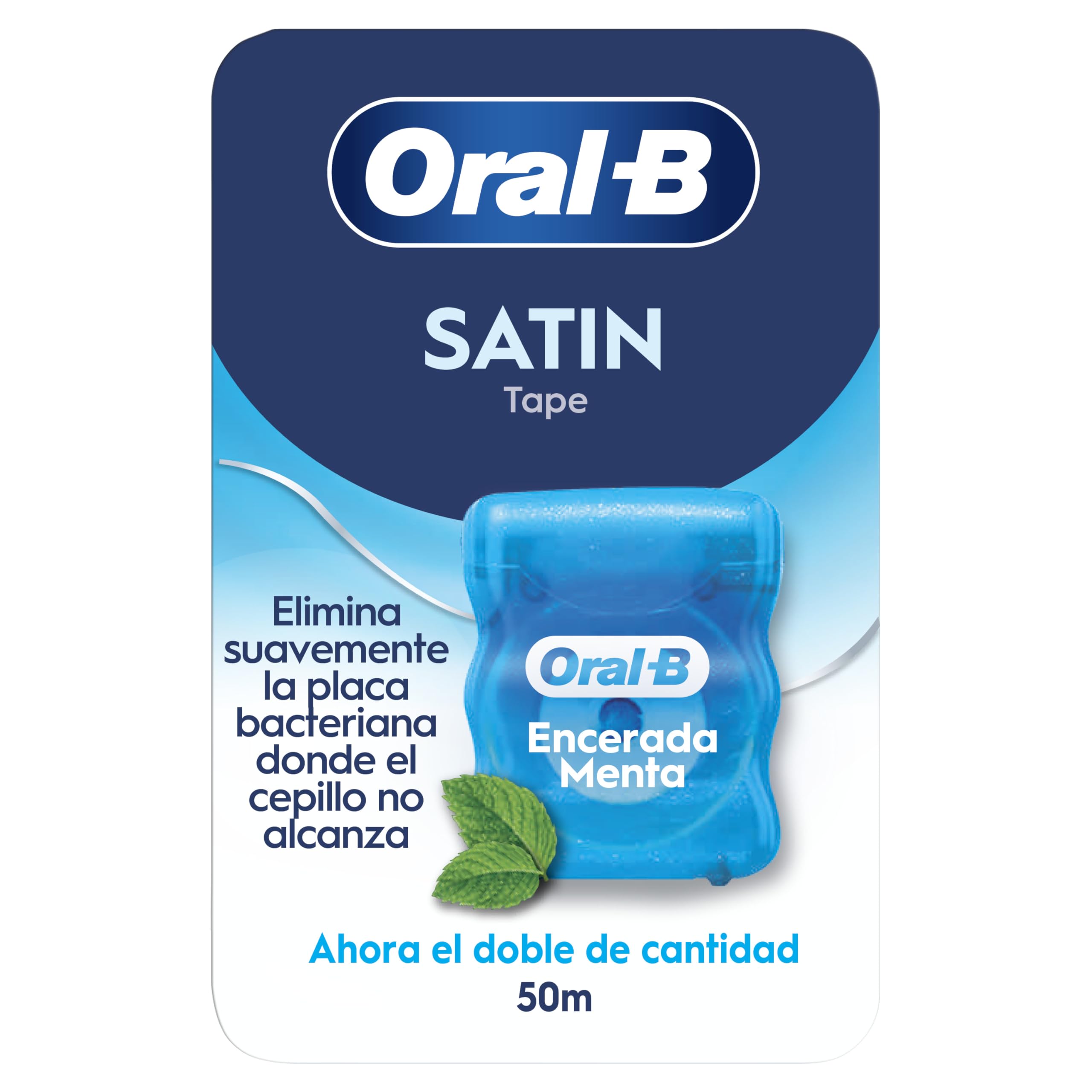 Oral-B Satin Tape Hilo Dental Encerado Para Espacios Estrechos, Seda Dental Con Sabor a Menta, Limpia Entre Los Dientes y Reduce La Placa, Cinta Dental Con Cera, Rollo De 50m