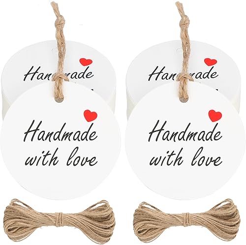 jijAcraft 100 etiquetas de amor hechas a mano, 100 etiquetas de regalo de papel blanco con cuerda, hechas con etiquetas de envoltura de regalo de