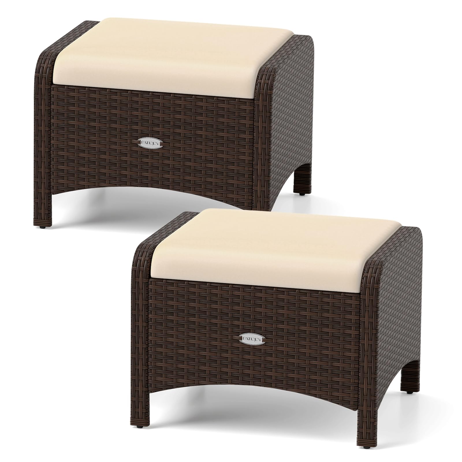 COSTWAY Lot de 2 Tabourets de Jardin en Rotin PE, 3-en-1 Pouf Extérieur, Charge 180 kg, Coussin Rembourré Amovible, Patins Réglables, Repose-Pied pour Balcon Porche Terrasse, 54 x 46 x 39,5 cm (Brun)