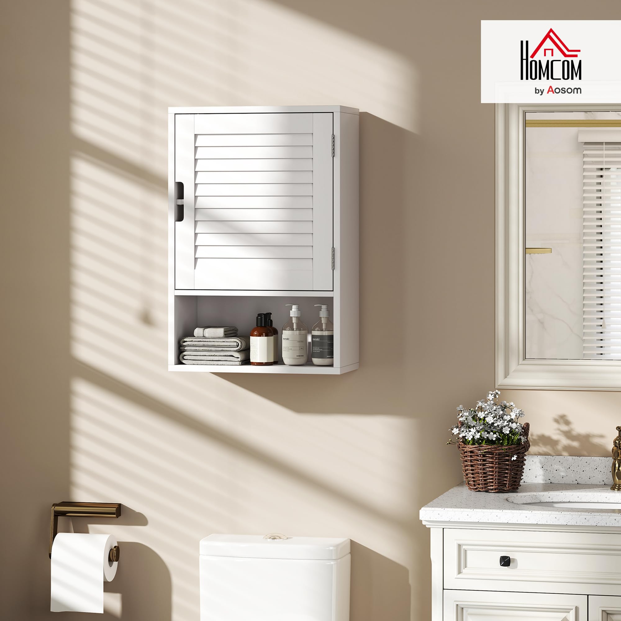 HOMCOM Armoire Murale de Salle de Bain, Meuble de Rangement Suspendu pour Salle de Bains avec Porte à Lattes, étagère réglable et Compartiment Ouvert, Meuble WC Suspendu, 40x20x60cm, Blanc