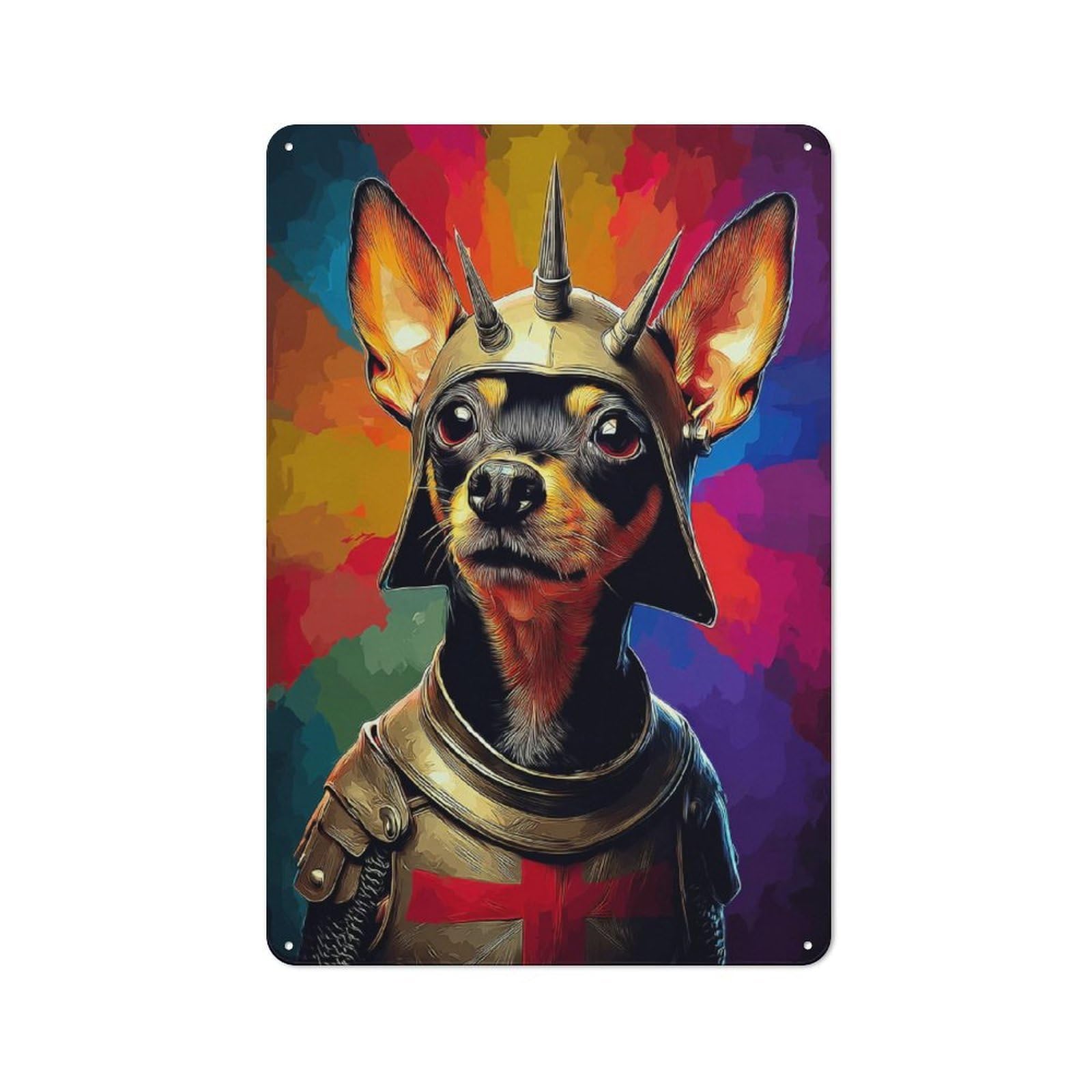 Decorative Tin Sign with Knightly Canine in Armor Design 30x20cm, Farmhouse Cottage Wall Art for Farmhouse Kitchen, Pantry Or Dining Area