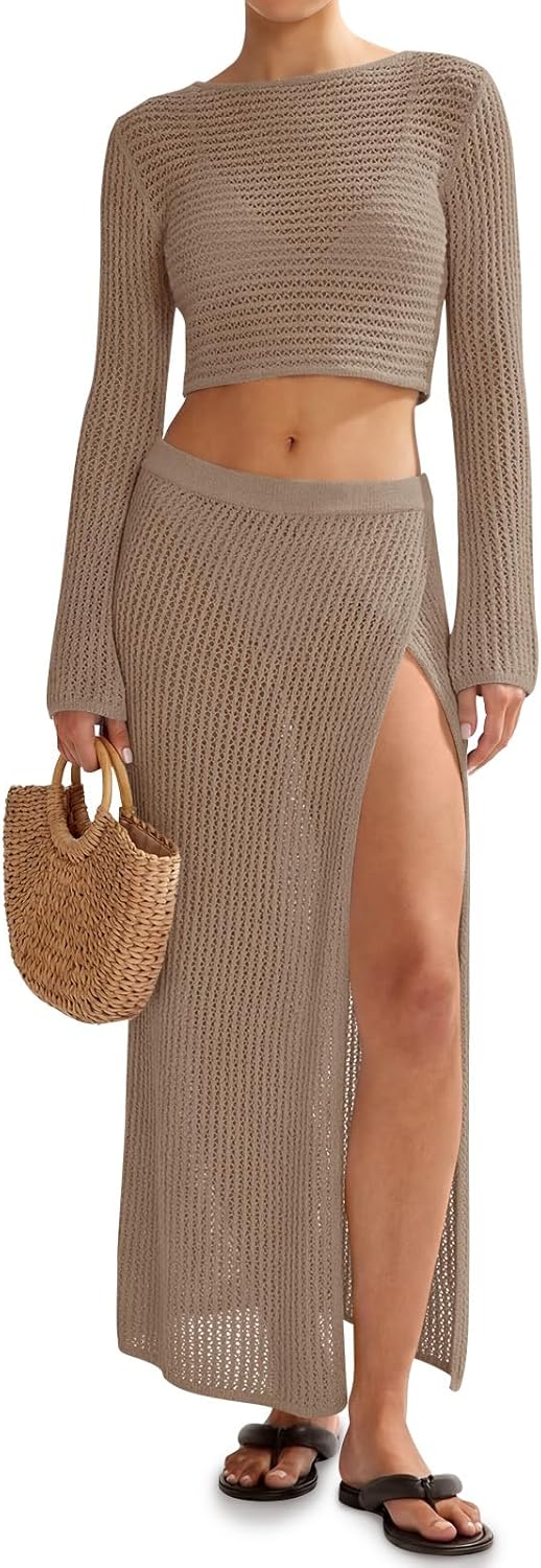 Saodimallsu Womens Crochet Beach Cover Ups Set 2 Piece 2026 Boat Neck Crop Long Sleeve Tops High Slit Maxi Skirt Sets