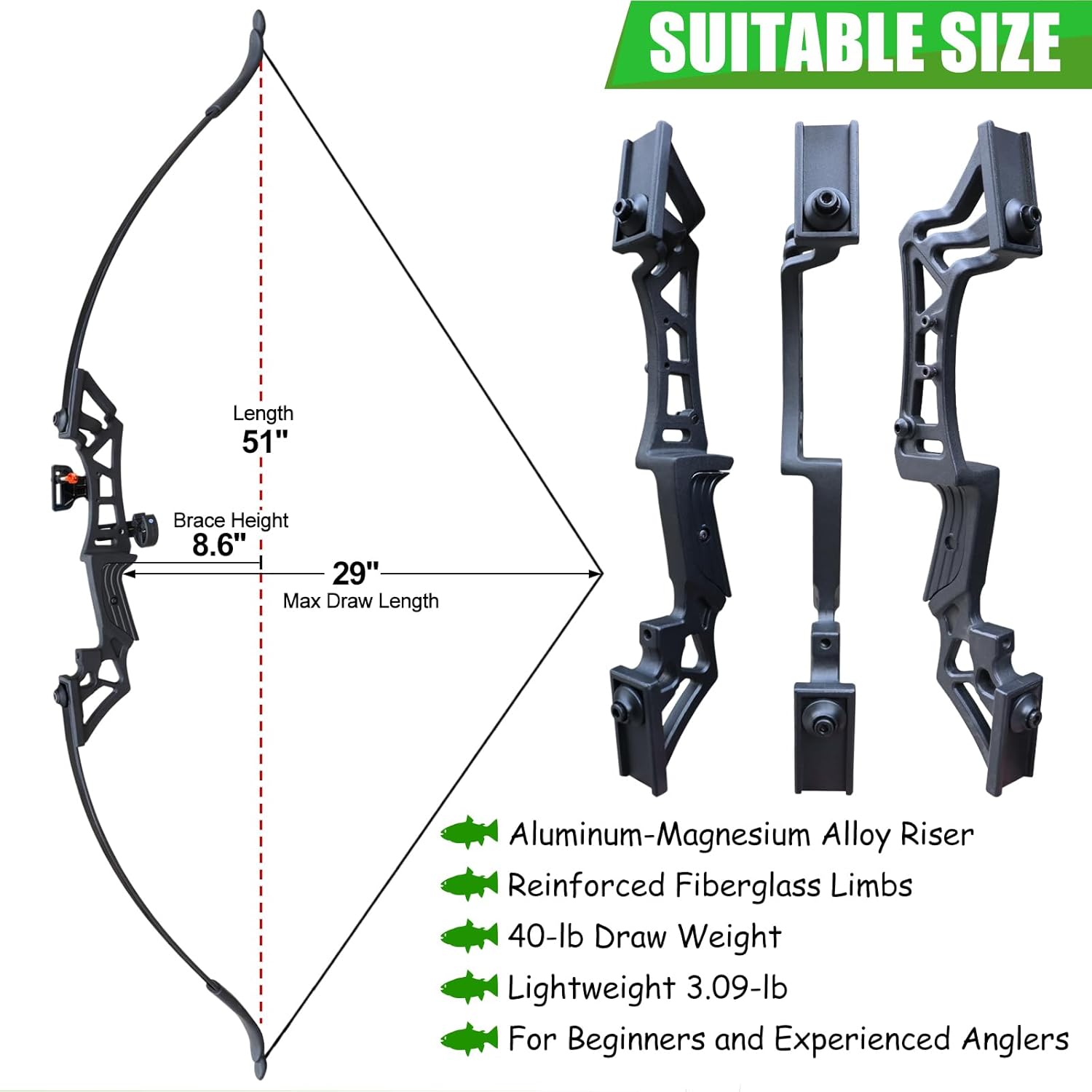 Recurve Bow Fishing Combo Kit Archery and Arrow Set for Adults Beginner with 40 Meters Bowfishing Reel Bottle Portable Bow Bag