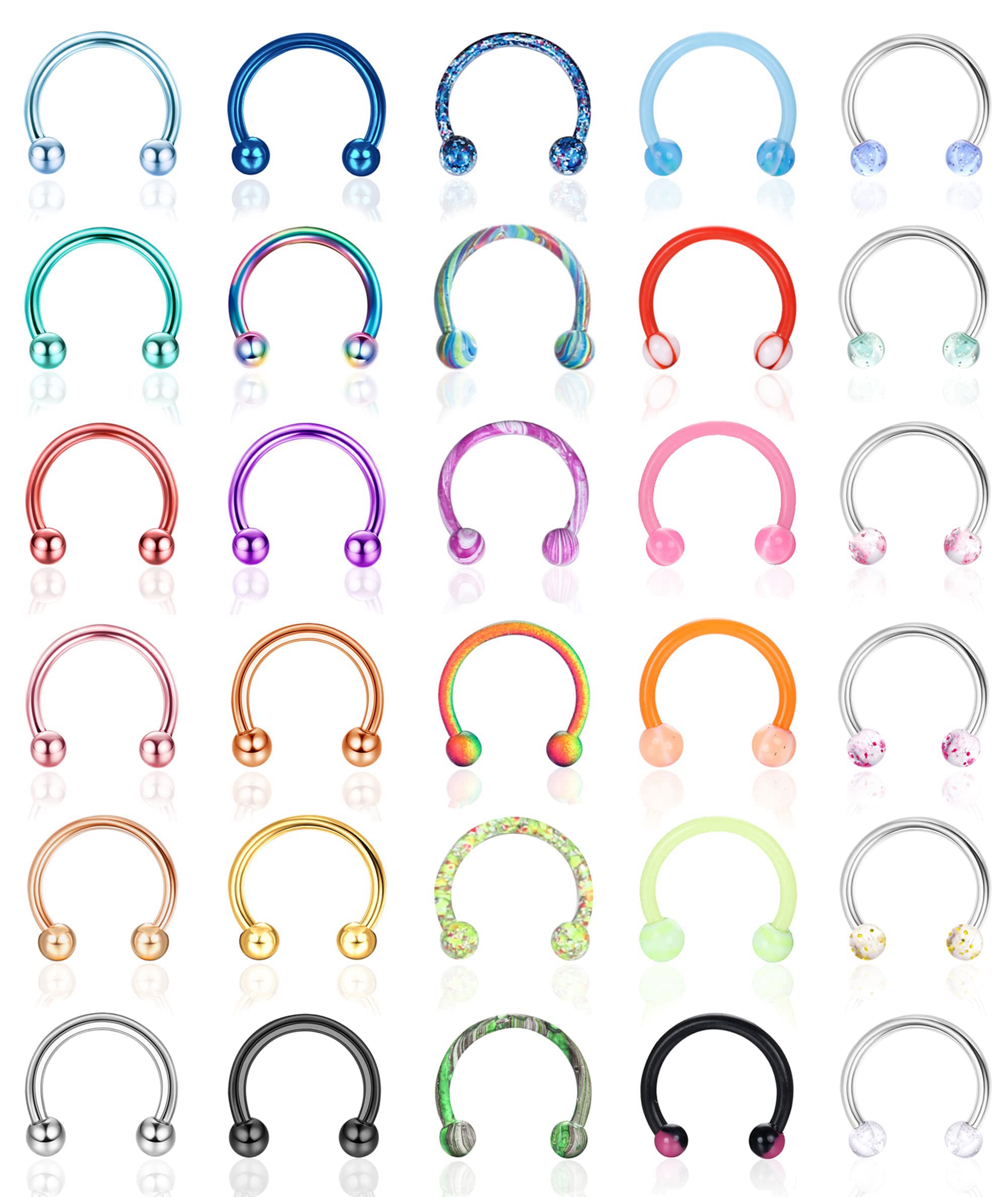 YADOCA 30 Pcs 16G Acero Inoxidable Herradura Septum Piercing Nariz Piercing Joyería Ceja Labio Anillos Aro Cartílago Helix Tragus Pendiente para Mujeres Hombres 8MM 10MM