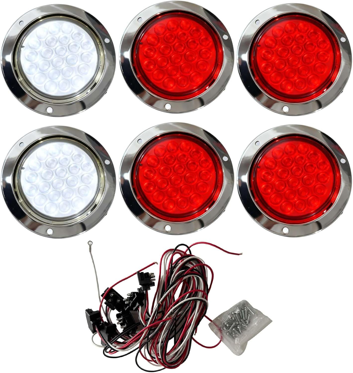 Universal 30" Stainless Steel Spring-Loaded Mud Flap Hanger Light with 24 LED Light for Semi Trucks, 2-1/2" Bolt Spacing Rear Tail Light Bar Box with 4" Light Cutouts (4x Red + 2x White)