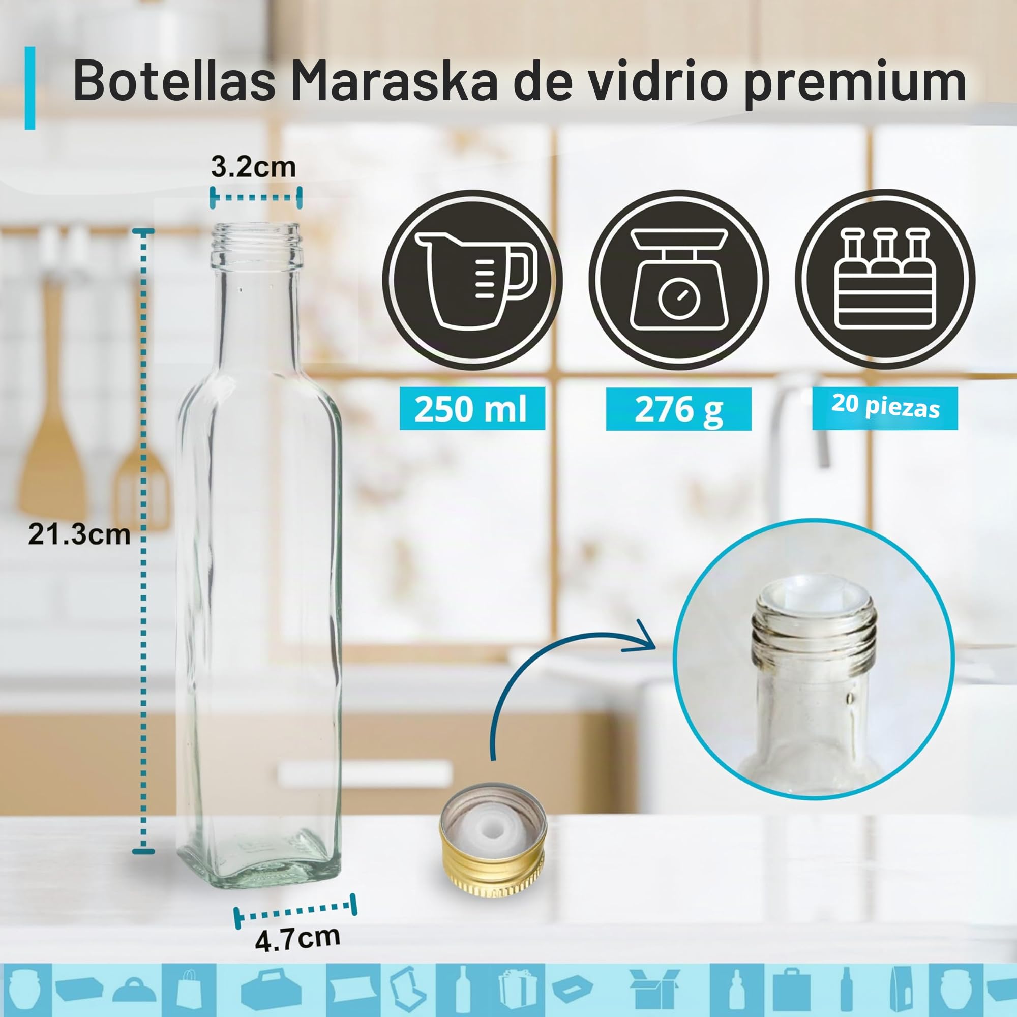 Espirito Rebelde 20 Botellas de Cristal 250ml con Tapón de Rosca Dorado con Boquilla Vertedora - Aceite de oliva, Vinagre, Alcohol, Salsas - Aceitera de Cristal