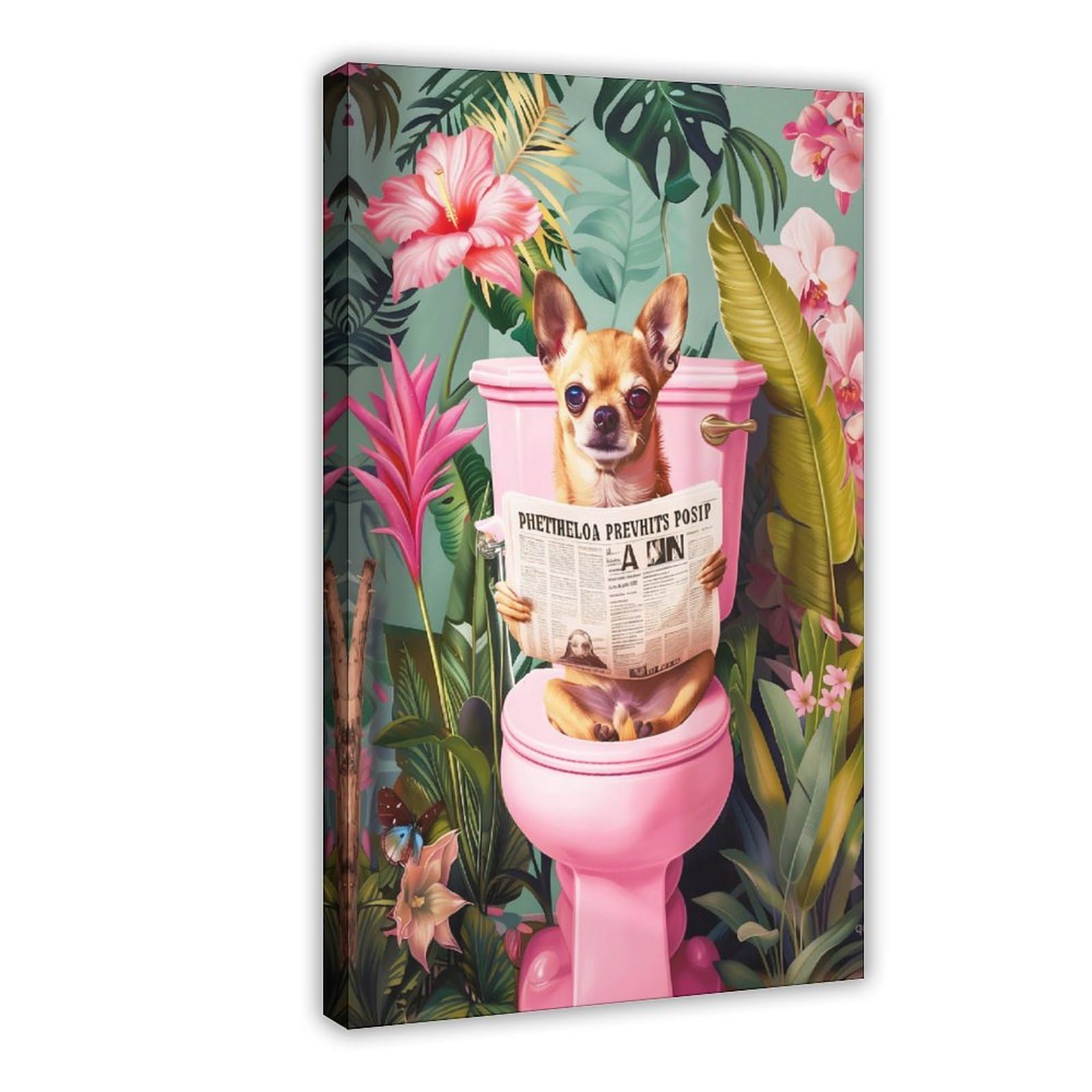 NCUDANK Funny Chihuahua Puppy Reading Newspaper on Toilet Canvas Poster Bedroom Decor Landscape Office Room Decor Gift 12x18inch(30x45cm)