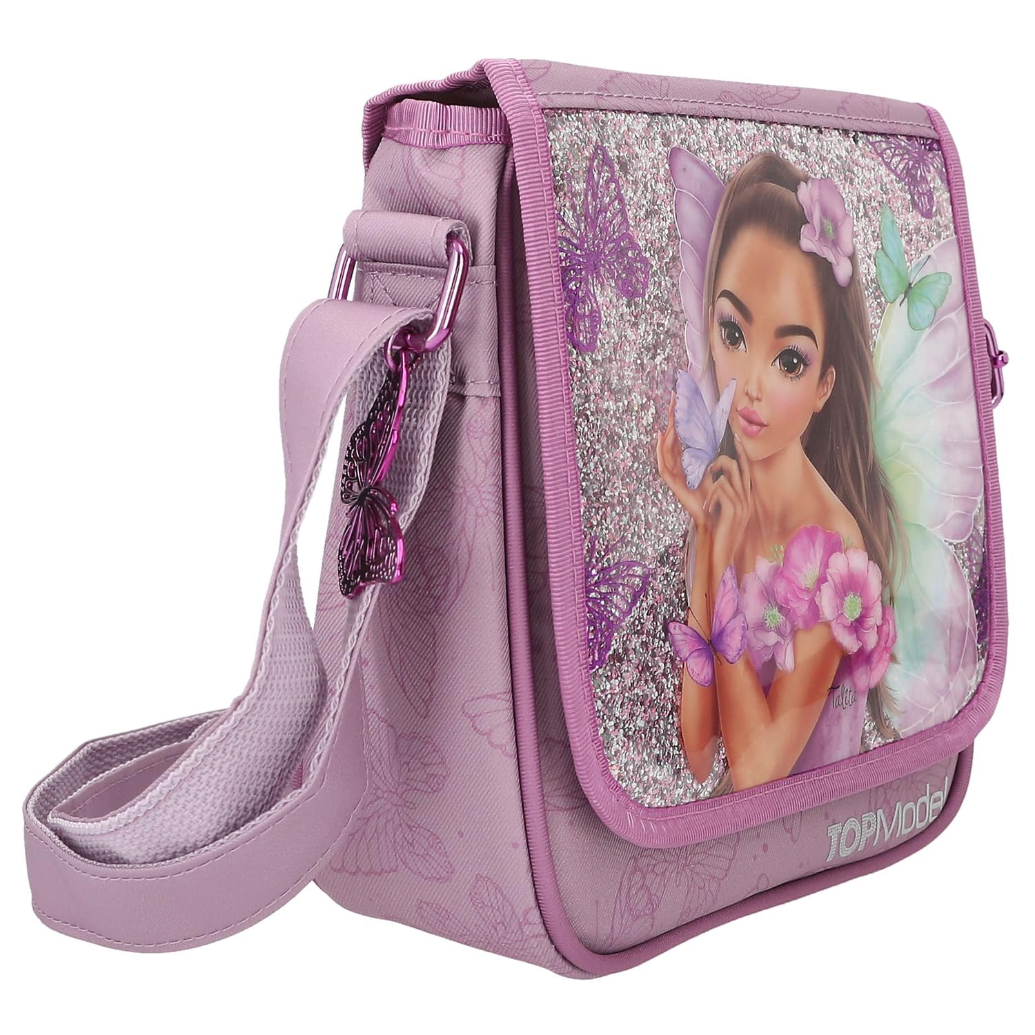 Depesche 12778 TOPModel Fairy Love - mała torba na ramię w kolorze Mauve z motywem modelki i motylami, torba z regulowanym paskiem na ramię i klapą z przodu