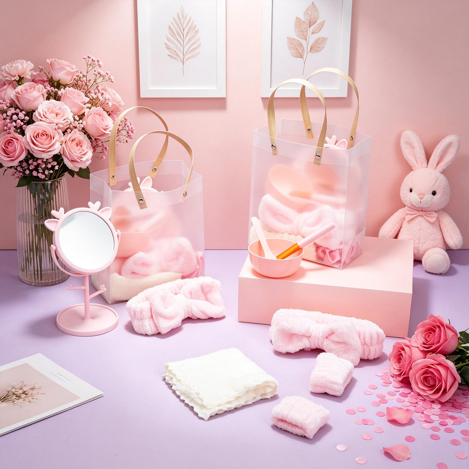 14 Sätze Spa Party Geschenke Großpackung Rosa Übernachtungsparty Zubehör mit Gesichts Packung Schüssel Set Haar Bänder Stirnbänder Reinigungstücher DIY Gesichtsset für Frauen Hochzeits Braut
