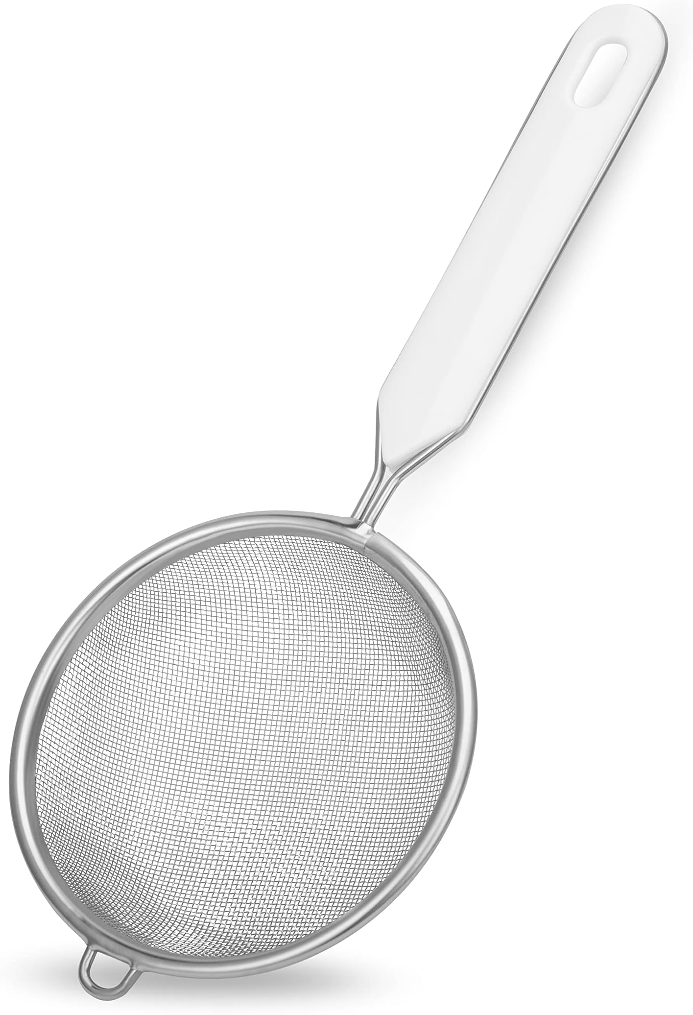 Fackelmann Stainless Steel Tea Strainer | No Sharp Edges | Bend-Proof | Rust Resistant | Hanging Loop | Easy to use and Clean | Perfect for Tea, Coffee, Juice, Spices - 7 Cm, White