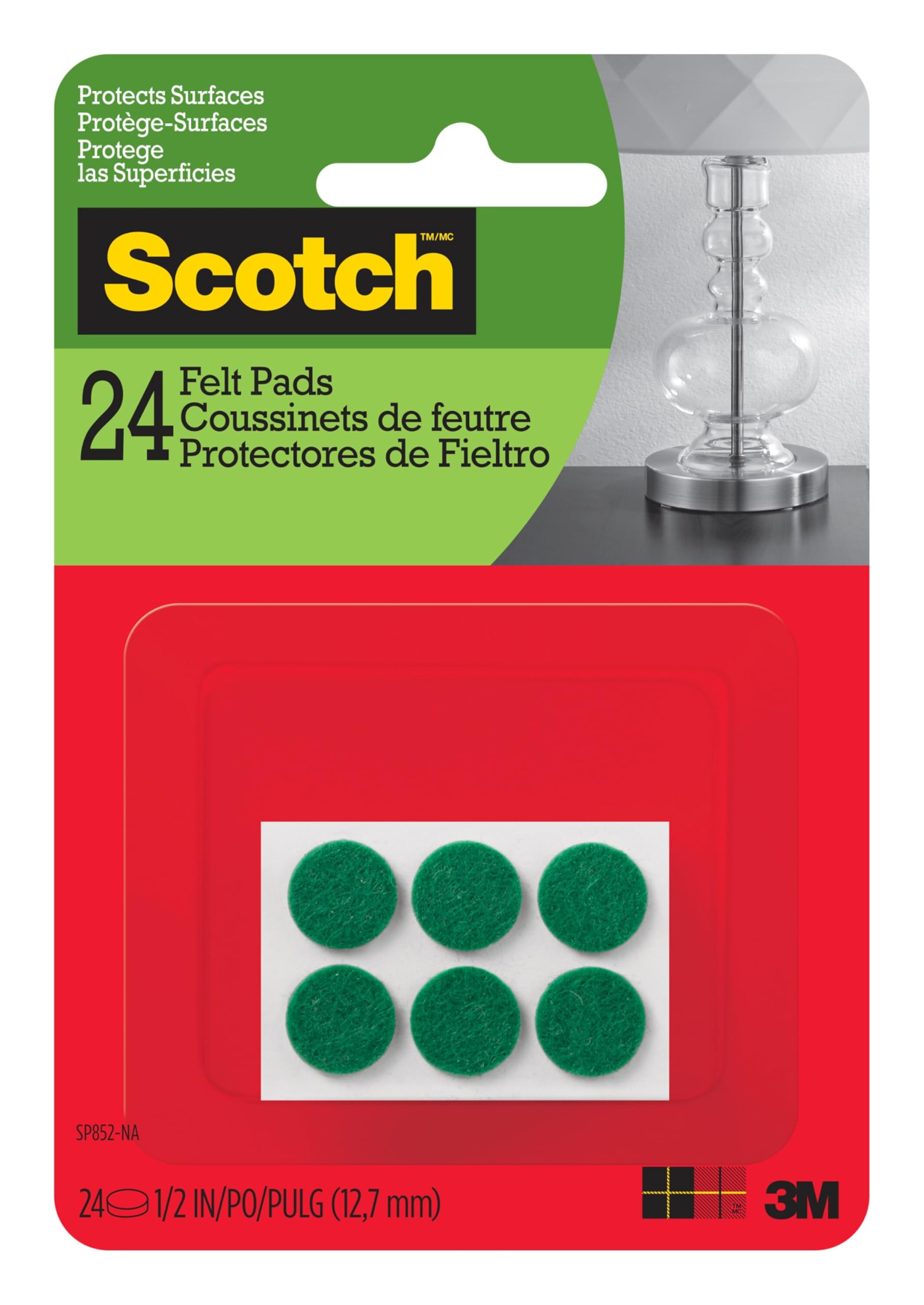 Scotch Felt Pads, 24 Pcs, 0.5" Round Pads, Green, Self-Adhesive, Ideal for Use on Furniture, Lamps and Décor That Sit on Finished Surfaces, Easy to Apply (SP852-NA)