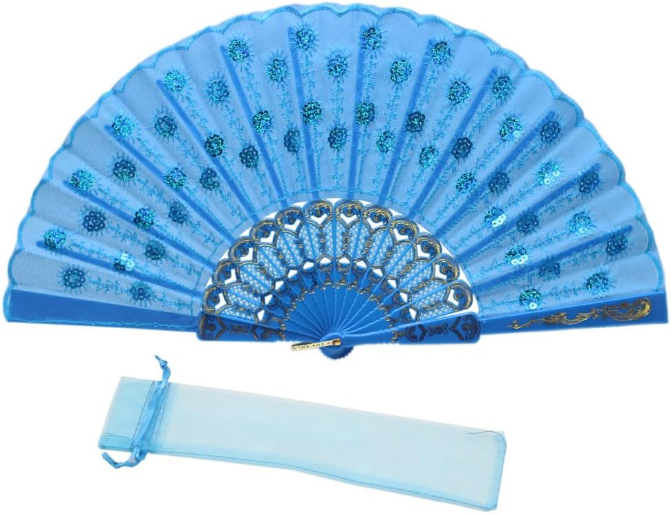 JSSWB Sequins Peacock Pattern Folded Fans Handheld Props Fans (Light Blue)