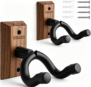 STRICH Guitar Wall Mount 2 Pack, Black Walnut Wood Guitar Wall Hanger, U-Shaped Stand Holder Hook for Acoustic Electric Guitars, Bass, Ukulele, Violin, Mandolin, Banjo