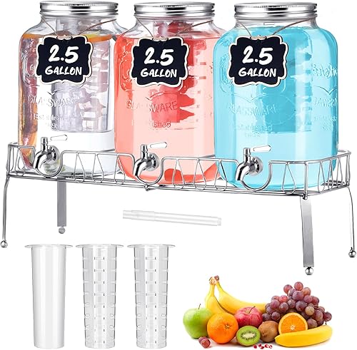 Lallisa 3 dispensadores de bebidas de 2.5 galones para fiestas, dispensador de agua de bebidas de vidrio con soporte, de acero inoxidable, a prueba