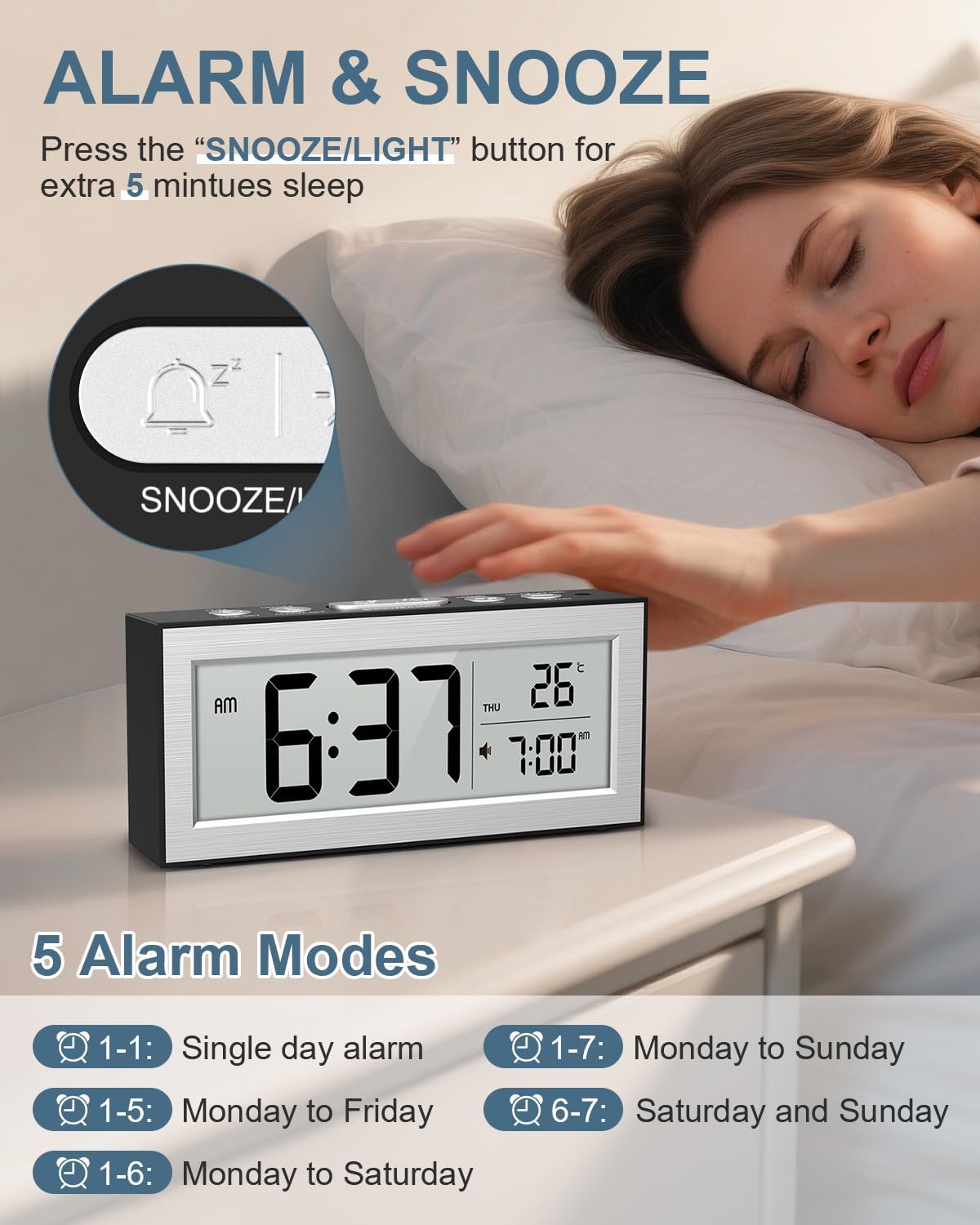 Alarm Clock Battery Operated, LCD Display Digital Clock with Snooze, 12/24H, Temperature, Auto Dimming & Working Mode, Desk Clock for Bedroom, Office, Travel