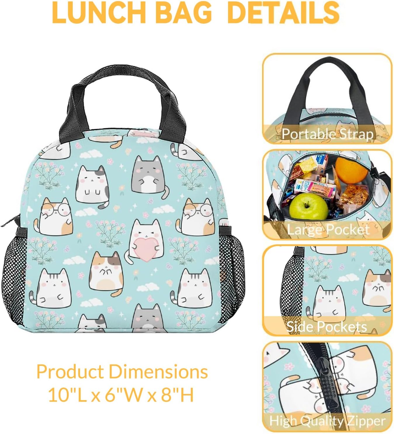 Cat Lunch Bag for Kids, Small Lunch Bags Insulated, Cute Reusable Lunchbox for Women, Light Freezable Lunchbags for School