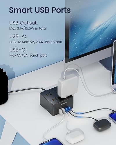 Miniatura 3 de SUPERDANNY - Protector de sobretensiones USB de 9.8 pies con 4 tomas de corriente ampliamente espaciadas y 4 puertos USB inteligentes, cable de