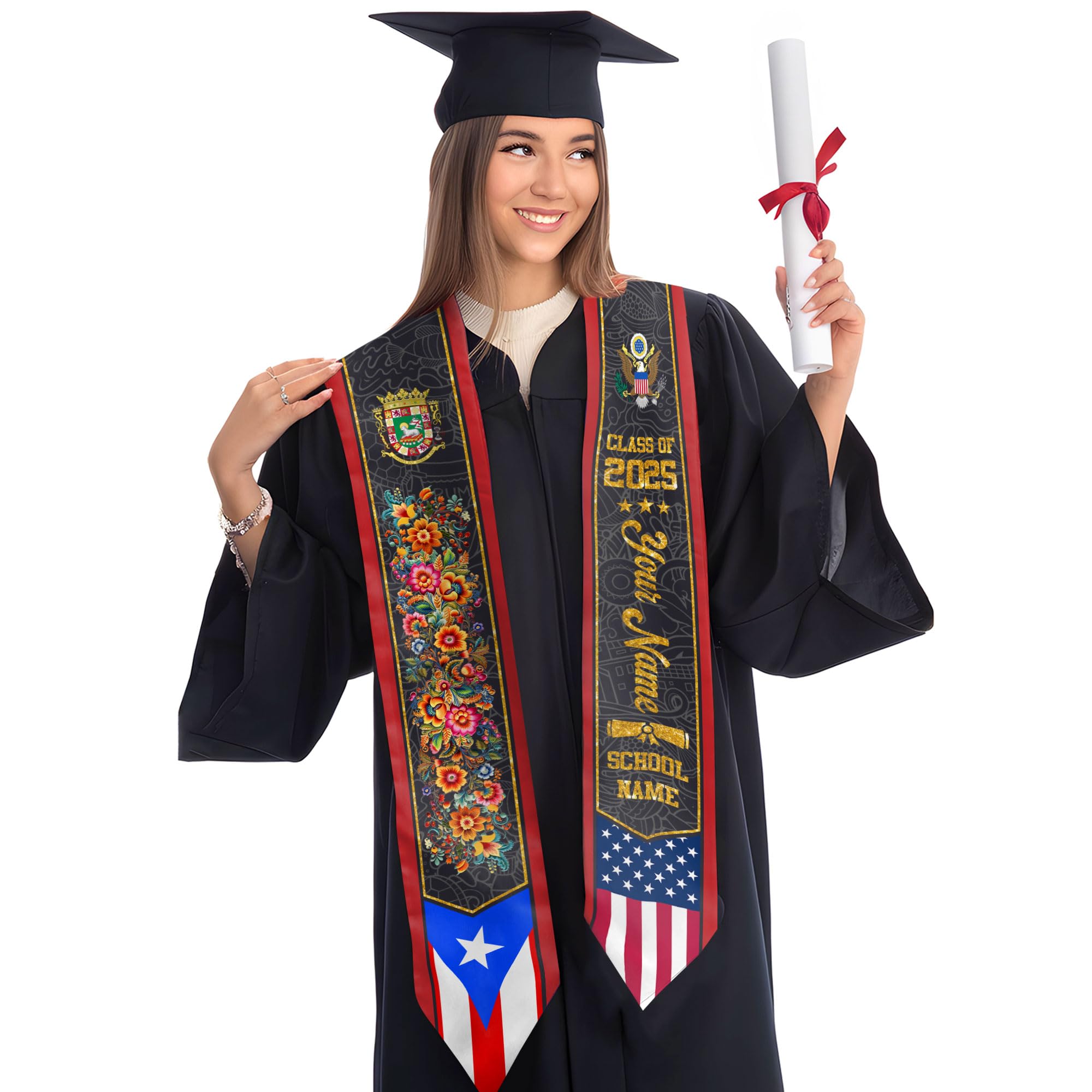MonkeyVan Custom Puerto Rican Graduation Stole, Puerto Rico Graduation Sash, Puerto Rico American Flag Grad Sash Class Of 2025 Pr 14