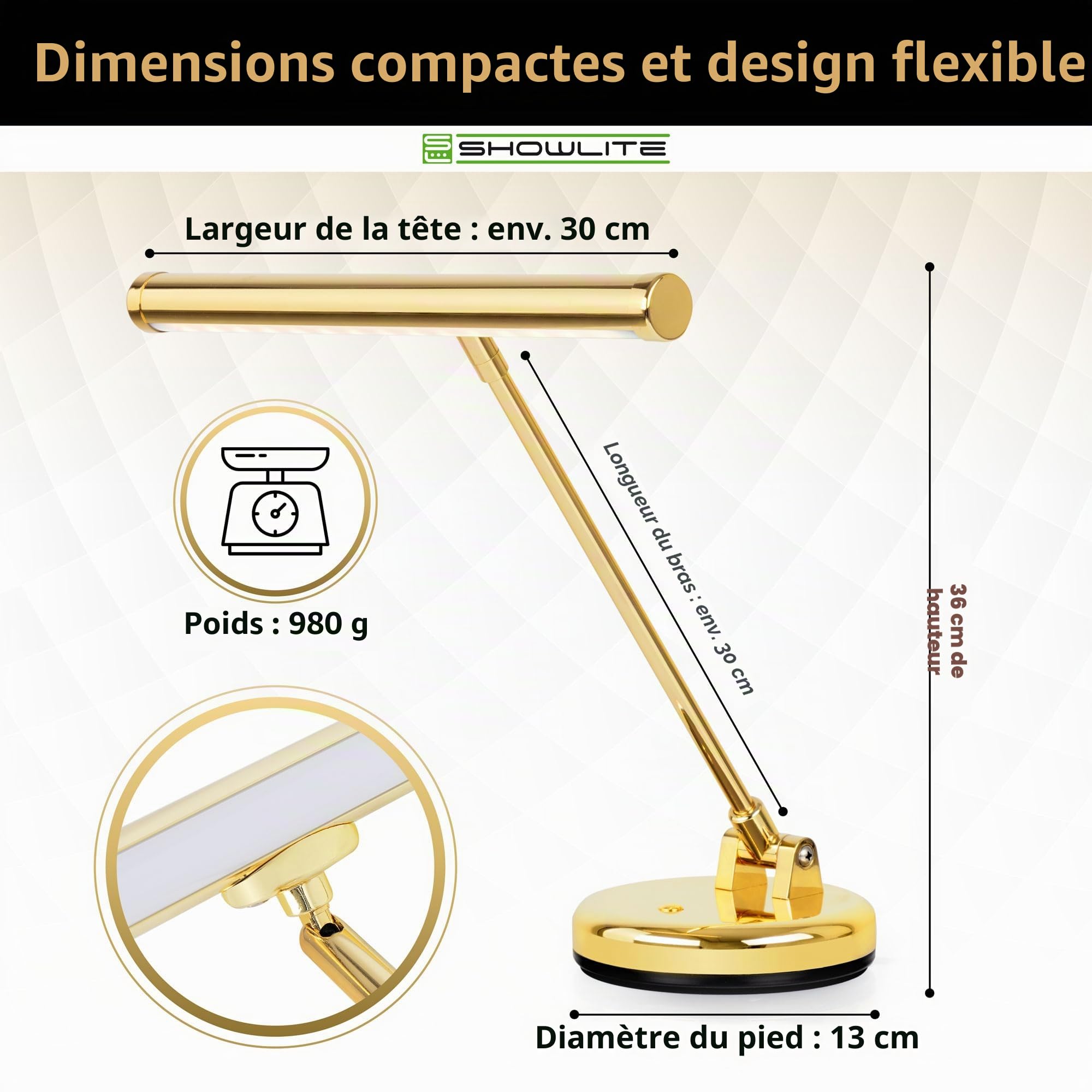 Showlite PL-1-GD-WW Lampe LED pour Piano - Lampe de Piano avec 15 LEDs - lumière blanc chaud en 2 niveaux - hauteur 36 cm - alimentation par USB, secteur ou piles - or brillant