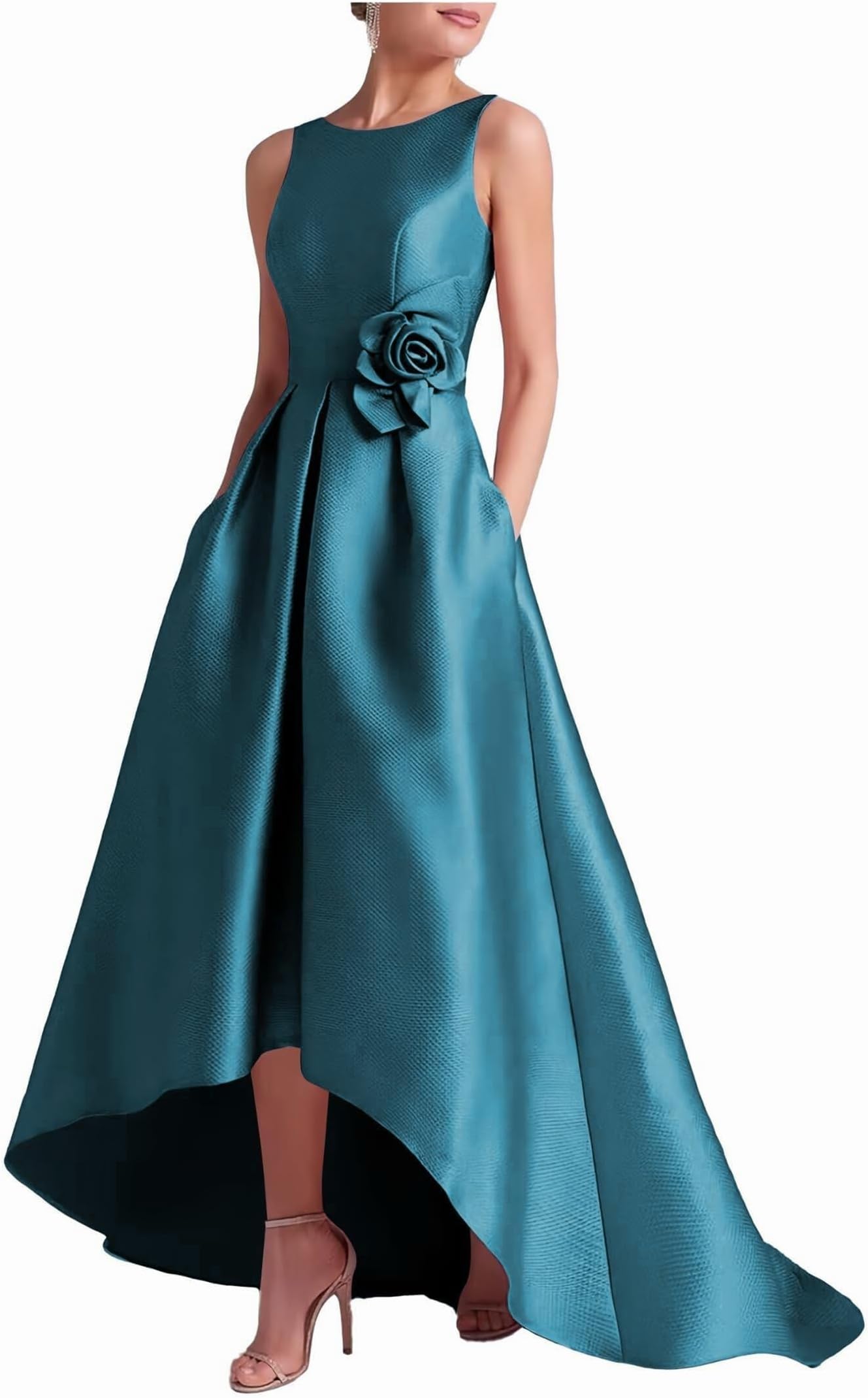 Women's Satin Mother of The Bride Dresses with Pockets Floral High Low Formal Wedding Guest Dress