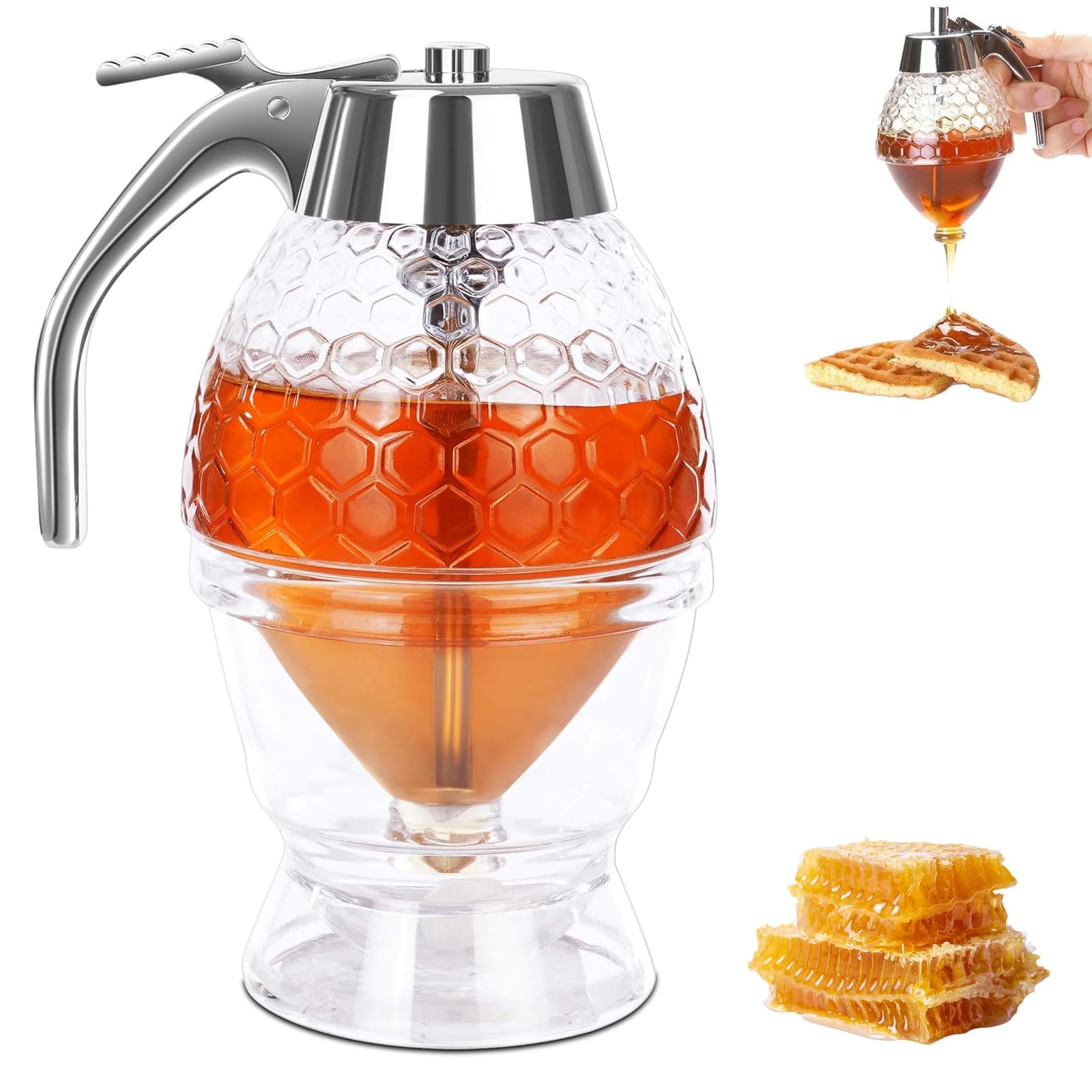 Dispenser per Miele in Acrilico con Base e Manico, Contenitore per Miele e Sciroppo Anti-Goccia, Dosatore per Cucina, Colazione e Pasticceria, Capacità 237 ml