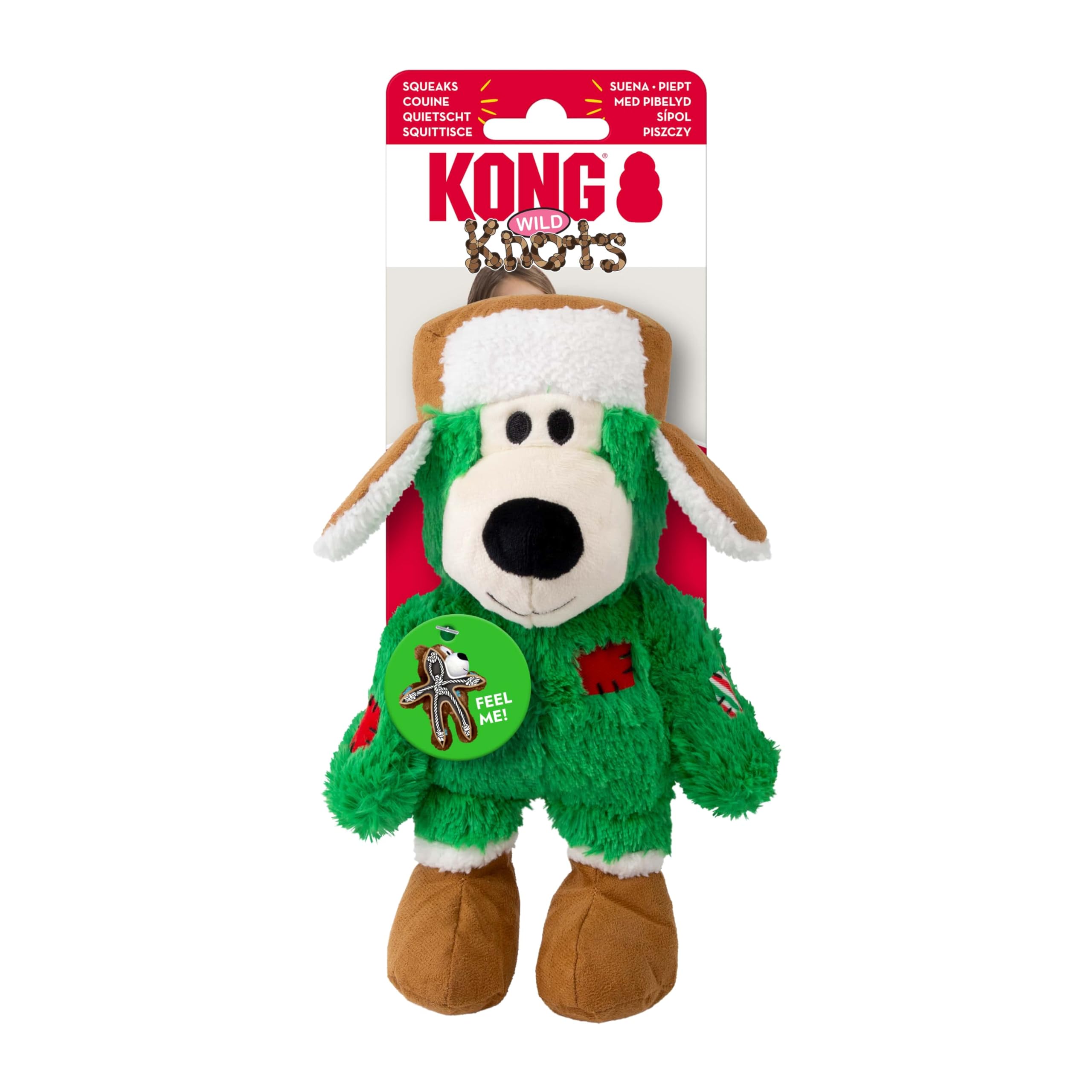 KONG Christmas Holiday Wild Knots Bear Dog Toy – Durable Rope Skeleton, Squeaker for Long-Lasting Play, Less Stuffing for Less Mess, Assorted Colors (1 Pack, Small/Medium)