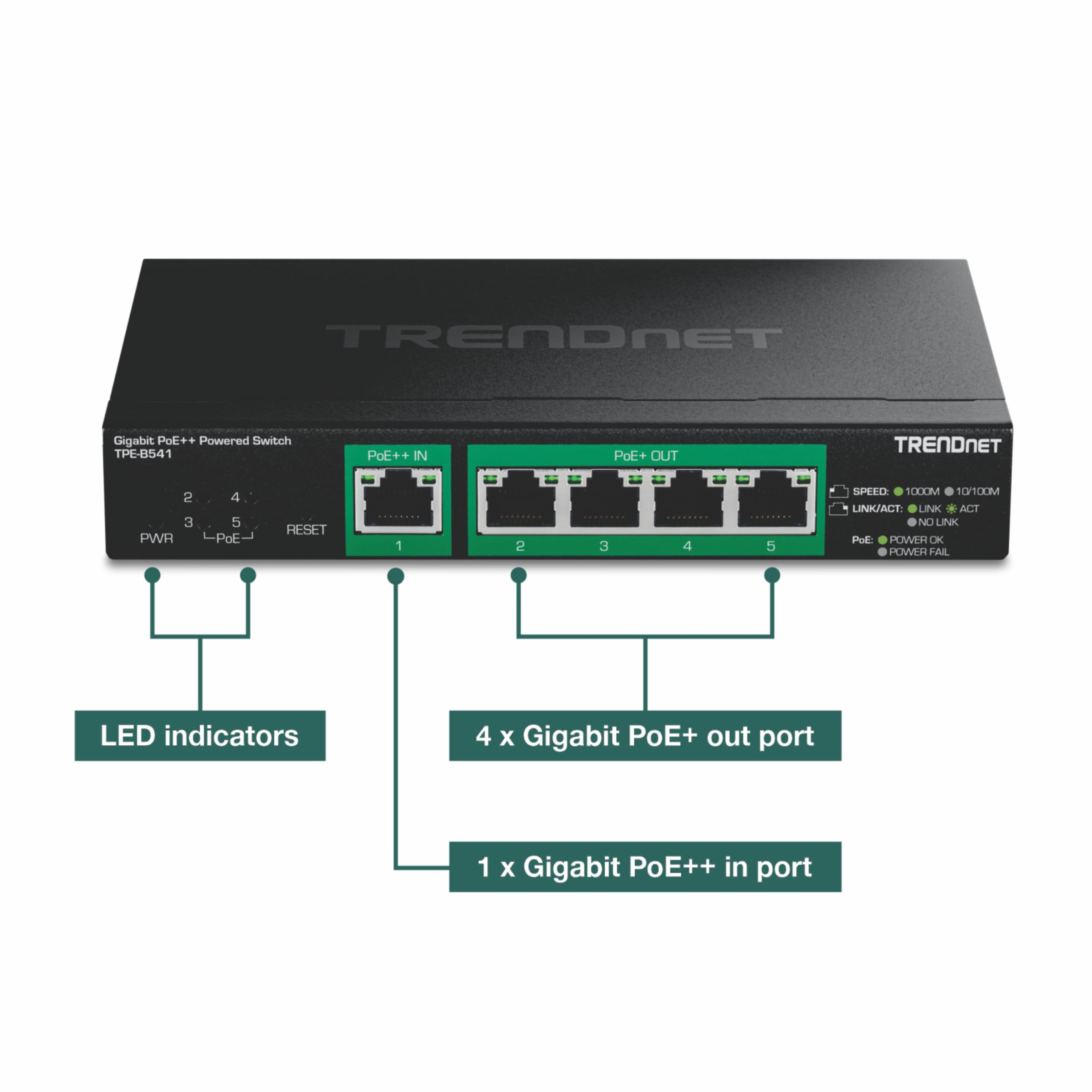 TRENDnet Switch gestionado de 5 Puertos Gigabit PoE++ con Paso PoE, TPE-B541, 1 Entrada Gigabit PoE++, 4 Salidas Gigabit PoE+, 60 W de presupuesto PoE, Compatible con NDAA TAA, protección de por Vida