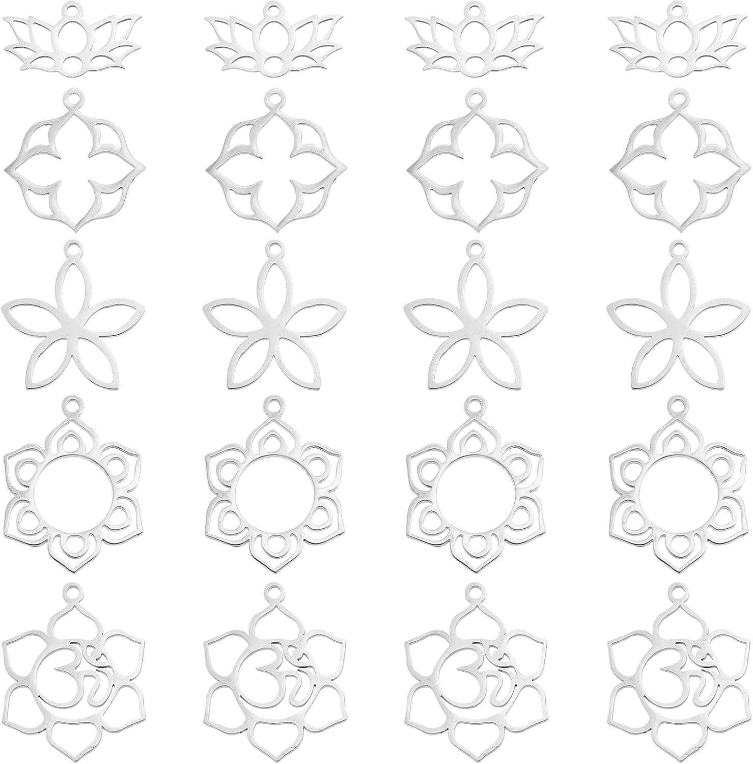 UNICRAFTALE 20pcs 5 Styles Flower Hollow Charm Open Back Bezel Pendants Stainless Steel Frame Charms Dangle Charms Yoga OM Lotus for Resin Pressed Flower Lucky Amulet Pendants for Jewelry Making