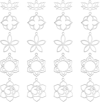 UNICRAFTALE 20pcs 5 Styles Flower Hollow Charm Open Back Bezel Pendants Stainless Steel Frame Charms Dangle Charms Yoga OM Lotus for Resin Pressed Flower Lucky Amulet Pendants for Jewelry Making