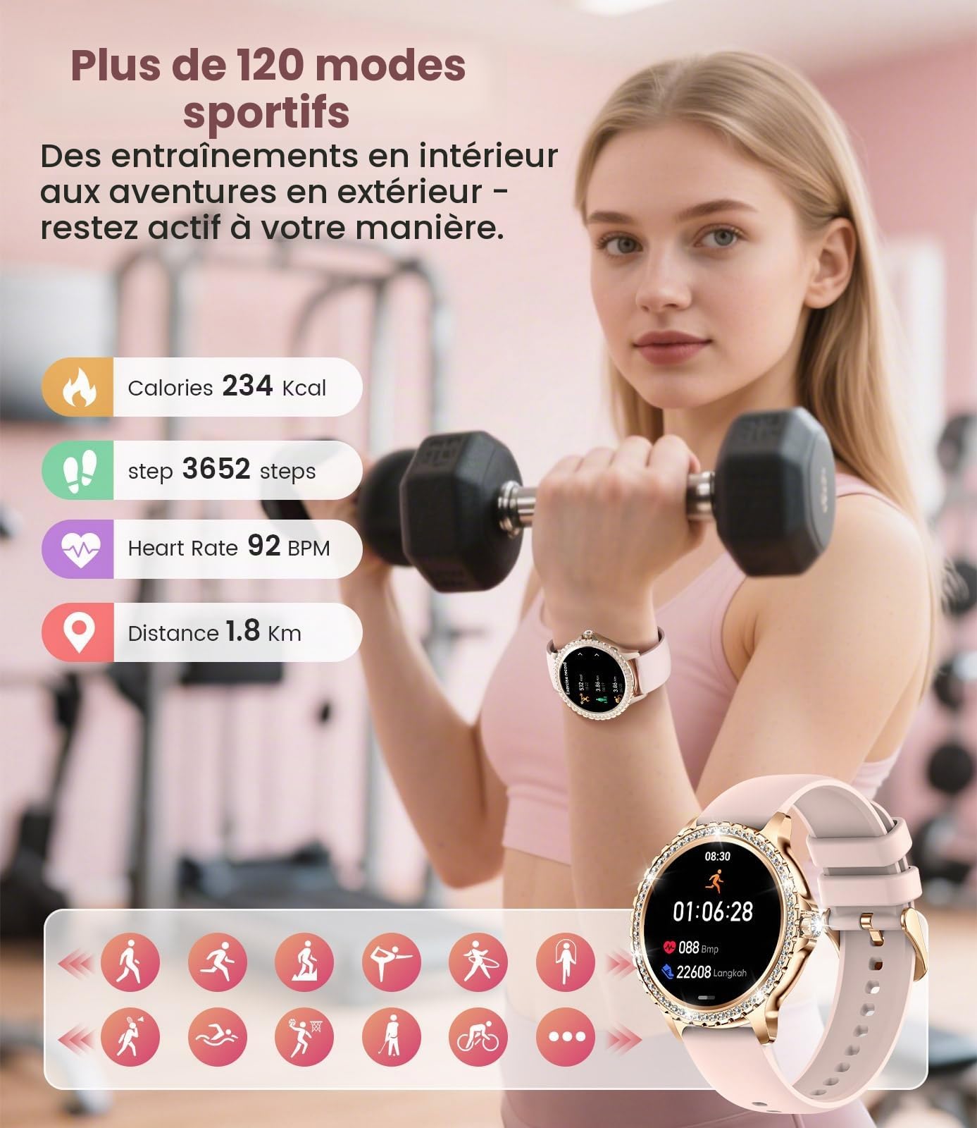 LIGE 1.32" HD Montre Connectée Femme avec Appel Bluetooth, Smartwatch IP68 avec Fonction Féminine/120+ Modes Sport/Fréquence Cardiaque/Sommeil/Cycle menstruel/Podomètre Calories pour Android iOS