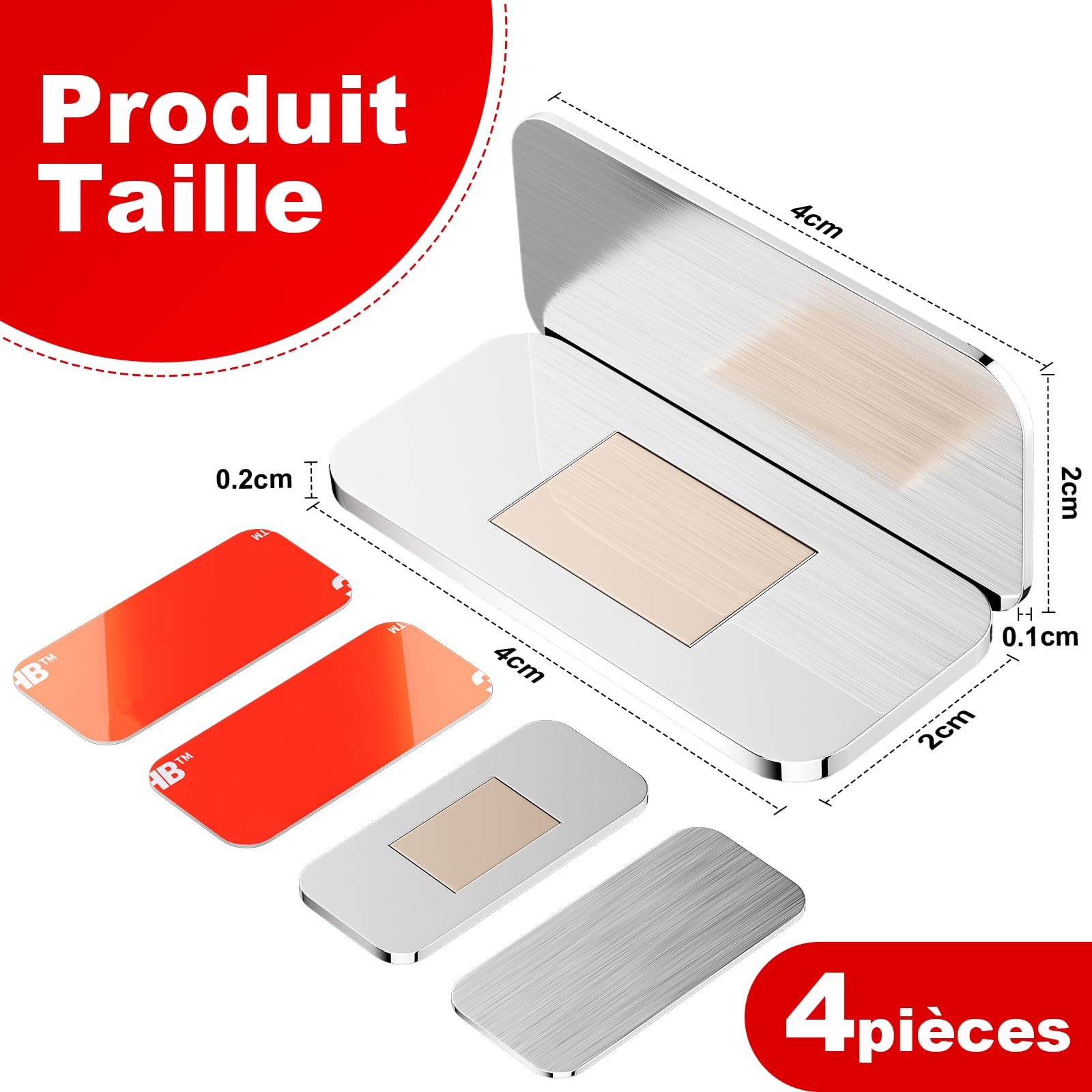 PHIXBEAR Aimant Porte Placard Ultra Mince Sans Perçage - Lot de 4 Loqueteau Magnétique Adhésif Puissant en Acier Inoxydable pour Cuisine, Armoire, Tiroir, Camping-Car - 40x20mm