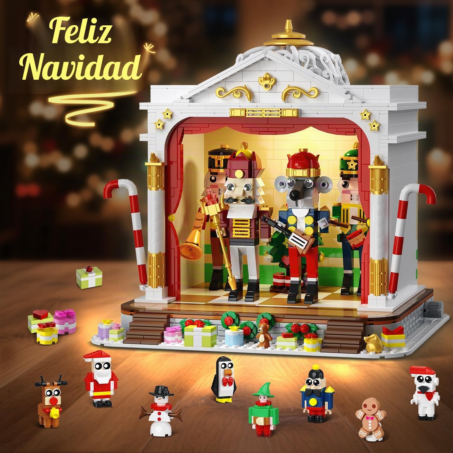 HOGOKIDS Calendario de Adviento 2025, juguete de construcción de teatro con luz, 24 días de cuenta atrás de Navidad, 3,6 mini juguetes con 12 minifiguras y tren de árbol de Navidad, regalo para