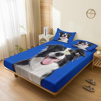 Border Collie Sheets Queen Sheet Set, Dog Blue Bed Sheets, Pet Animal Bedding Bedroom Decor, Soft Microfiber Deep Pocket Fitted Sheet & Flat Sheet & 2 Pillowcases