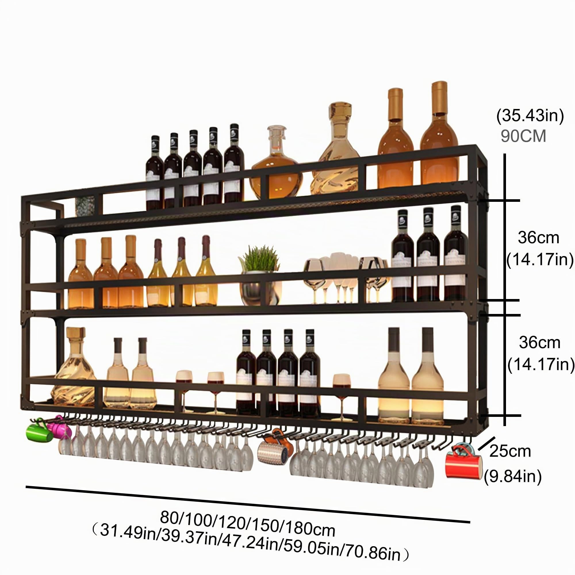Botellero Vino de Pared Mueble Bar Garrafeira de Vino Wine Rack Estanterias Colgantes con Soporte Copas Colgante y Luz LED para Salon Barra para Bar Mini Bar para Casa Sala de Estar y Cocina(Nero,150c