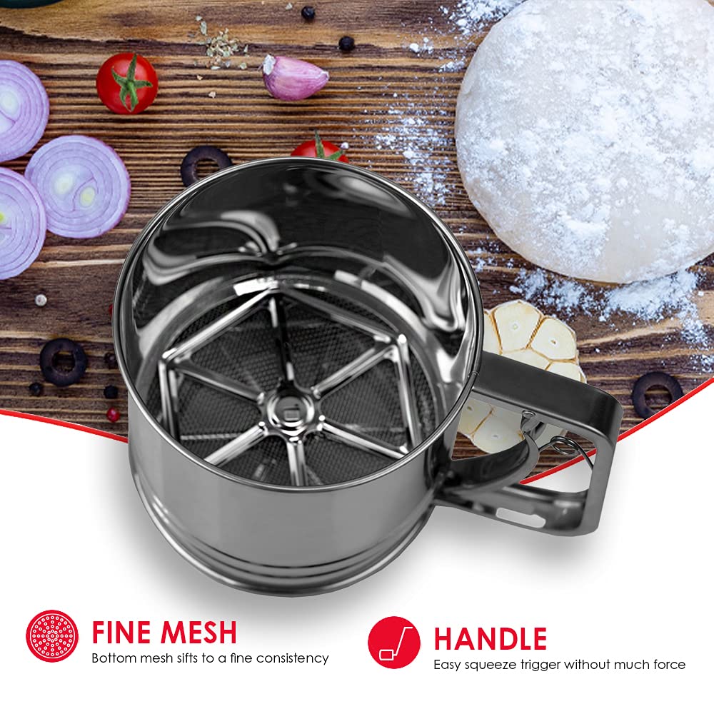 Home Basics Large Stainless Steel Shaker Sieve Cup Mesh Crank Flour Sifter, Silver