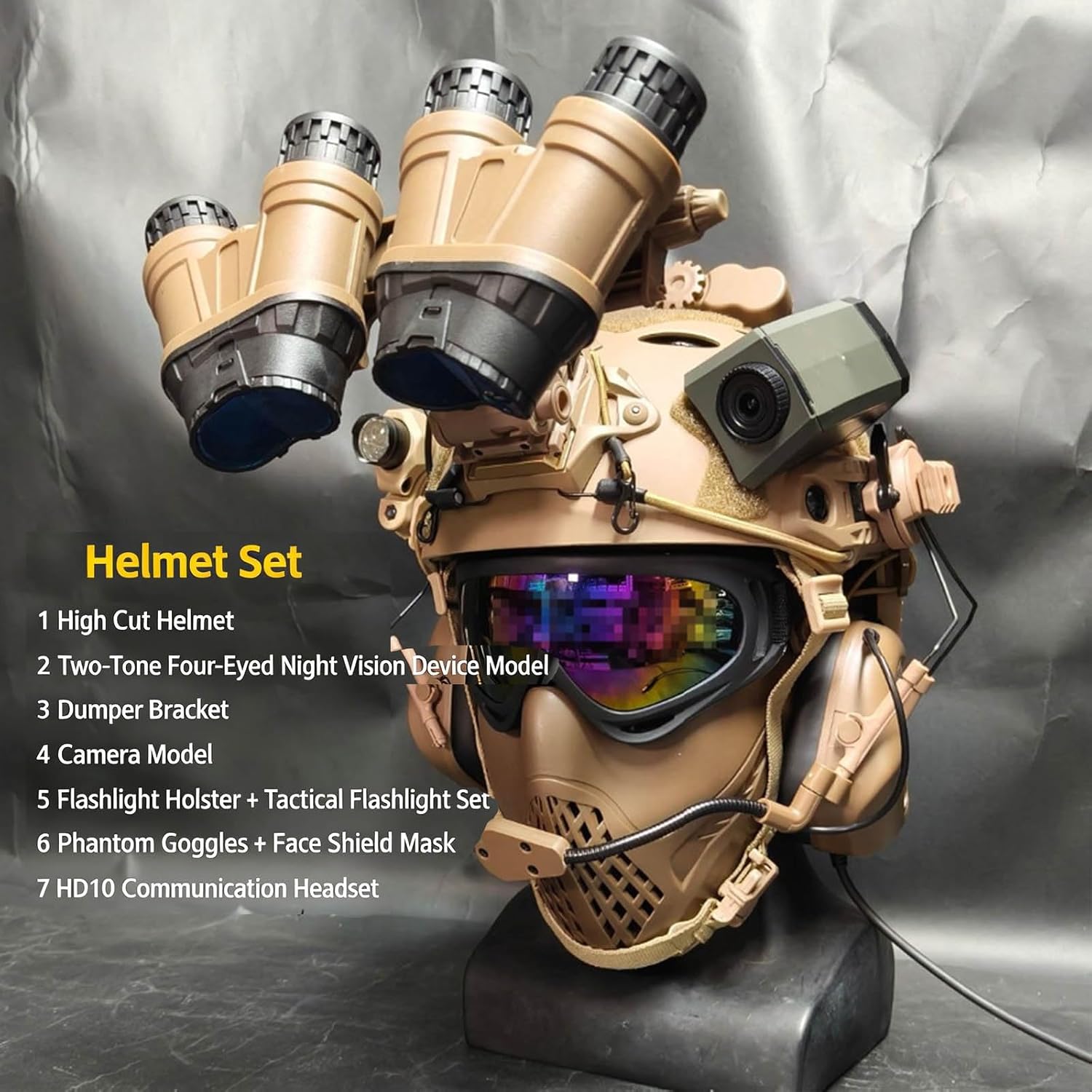Tactical High-Cut Helmet Set with Flashlight Clip Goggles Face Mask Noise Reduction Headset for Airsoft Paintball Cosplay