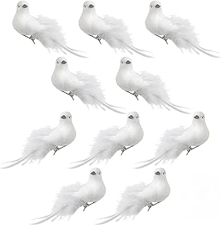 White Feather Doves with Clips - Set of 10 Dove Clip-On Decorations - Weddings - Parties - Christmas - Crafting Accessories - 4.5" L x 1.5" H x 2" W