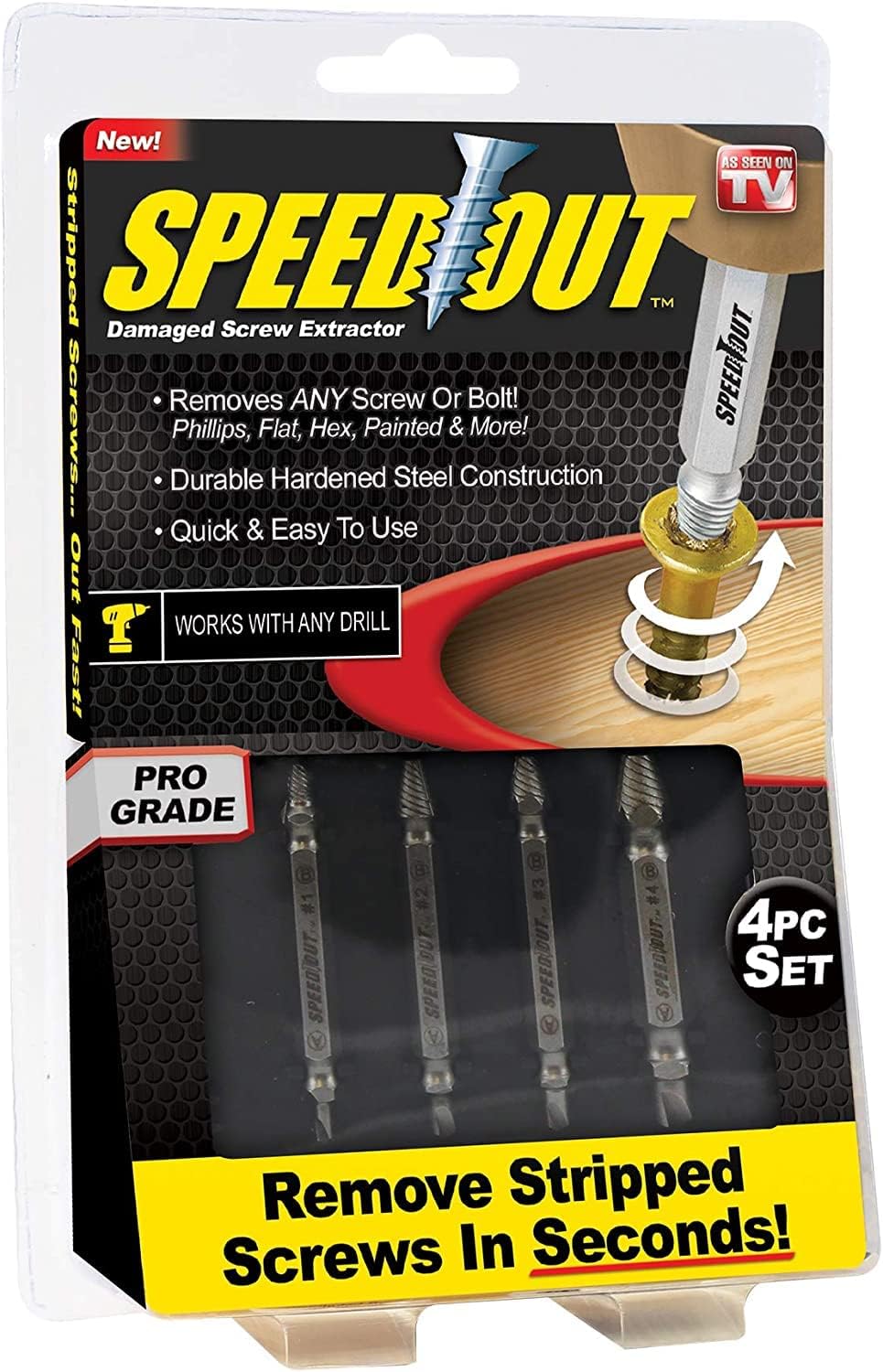 Speed Out Screw Remover, 4Piece Extractor Kit, Speed Steel Damaged and Stripped Screw Extractor Remover, Broken Bolt and Damaged Screw Extractor