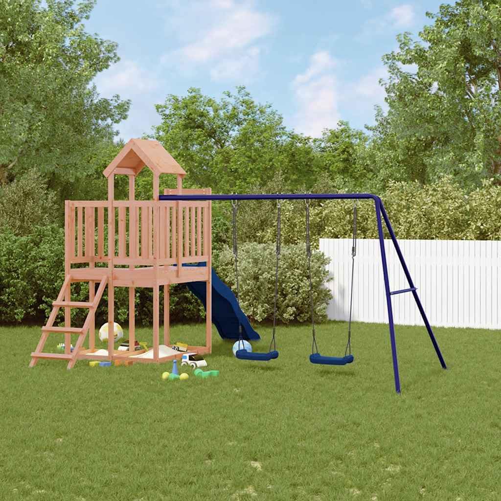 Torre da gioco in legno massiccio Douglasie con scivolo ondulato e doppio altalena, torre da arrampicata, attrezzo da giardino per bambini all'aperto, include scala, piattaforma e seduta
