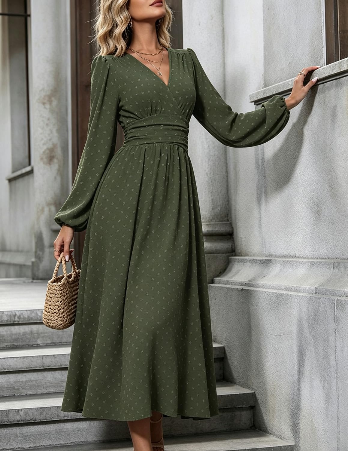 Damen Elegant Kleid Langarm V-Ausschnitt Freizeitkleider A-Linie Blumenmuster Wickelkleid Herbst Winter Laternenärmeln Kleid Partykleid Abendkleider