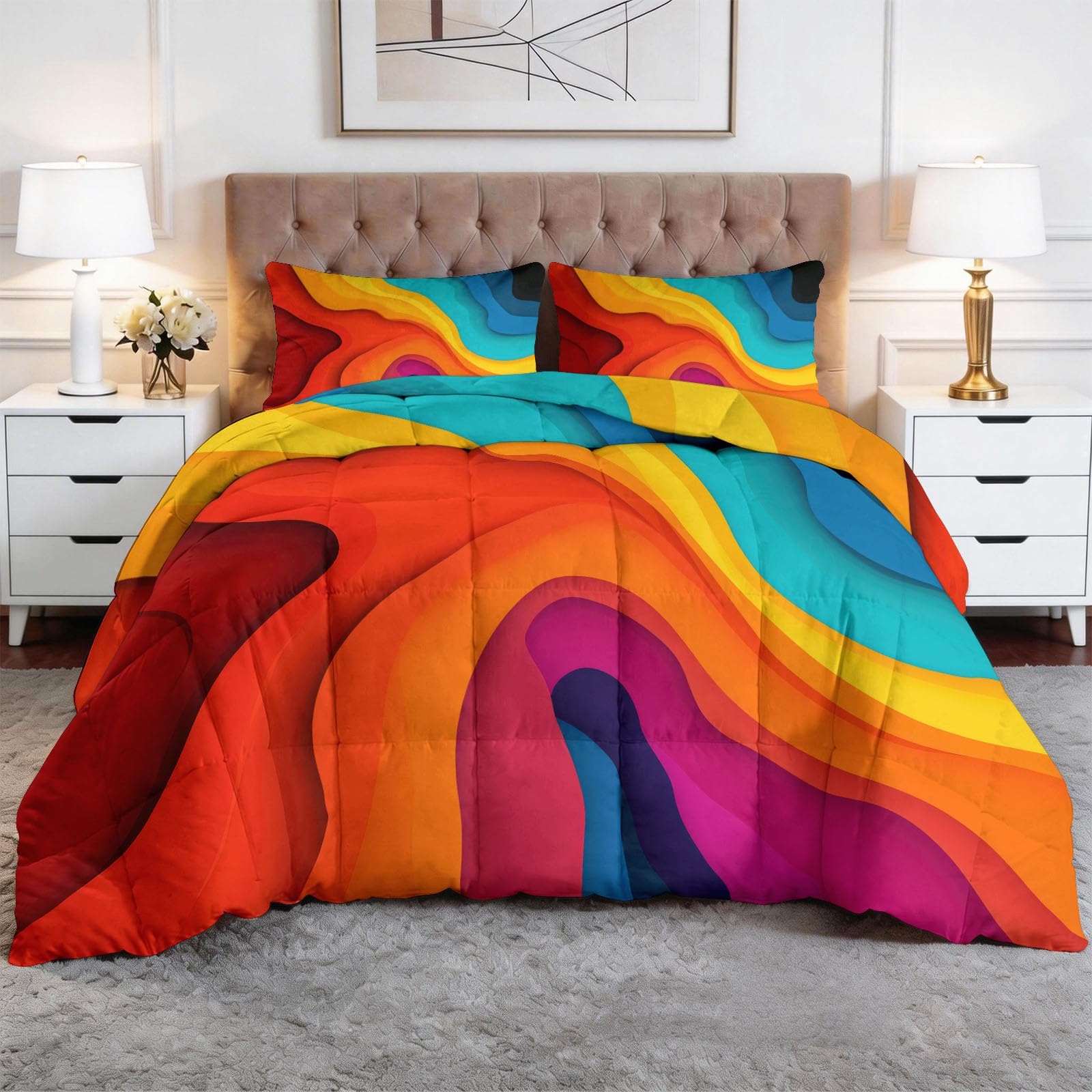 Kołdra bez poszewki 155 x 220 cm, kołdra na 4 pory roku – kolorowe fale, abstrakcyjny krój papieru, kołdra pikowana, czerwona, całoroczna – nadaje się do prania, ciepła i miękka pościel z 2 poszewkami