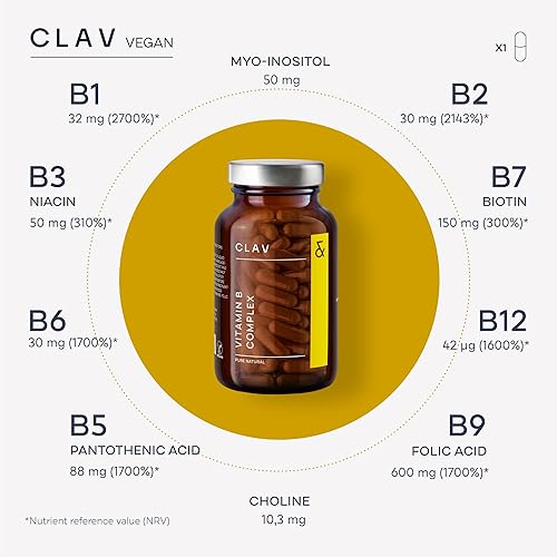 Miniatura 4 de CLAV Complejo de vitamina B, 120 cápsulas, las 8 vitaminas B con co-factores mio-inositol y colina, apoya el metabolismo energético, vegano,