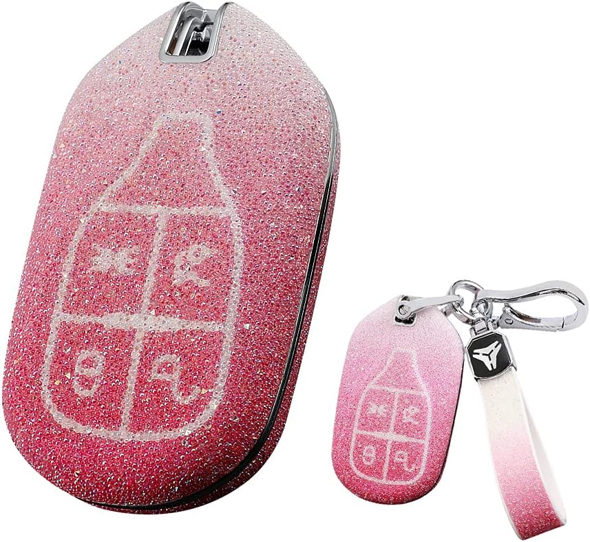 HIBEYO Rhinestone Crystal Bling Keyless Smart Key Fob Case Cover with Key Chain For Maserati Ghibli Levante Quattroporte 2021 Remote Car Key Case Key Fob Shell Auto Key Accessories-Gradient Pink