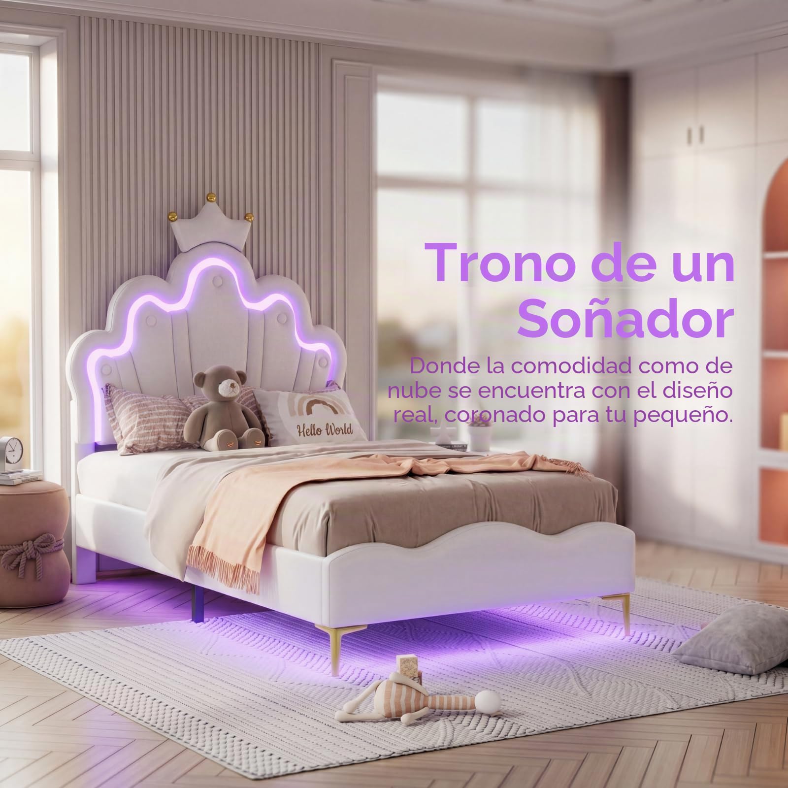 Cama infantil tapizada de 90 x 190 cm con iluminación LED, cama individual con cabecero ajustable en forma de nube con corona, marco de cama para niña con somier, sin colchón, poliuretano