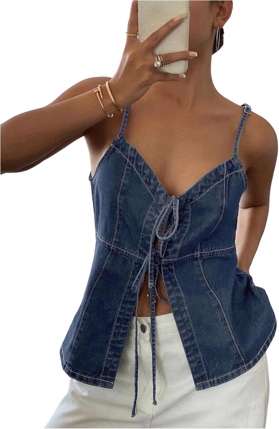 GORGLITTER Women's Denim Bow Tie Front Tops Sleeveless Strappy Backless Y2k Cute Summer Rave Peplum Tops Dressy Trendy