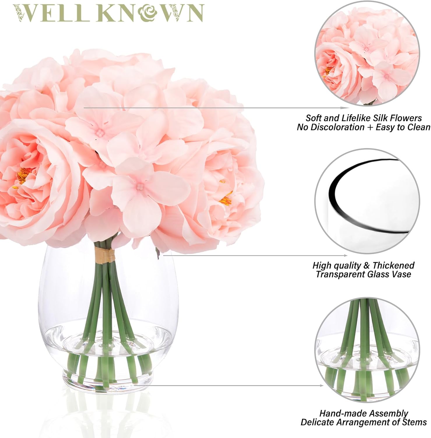 Silk Peonies Artificial Flowers in Glass Vase with Fake Water, Pink Faux Silk Peony Rose with Hydrangea Flower Bouquet with Vase as Dining Table Centerpieces for Home Wedding Party Decor & Mom's Gift - Image 7