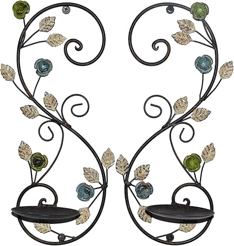 Miniatura 2 de JUCONSIN Juego de 2 candelabros de pared, diseño de ramas de hojas multicolor antiguas, soporte de pared de metal para colgar velas para sala de