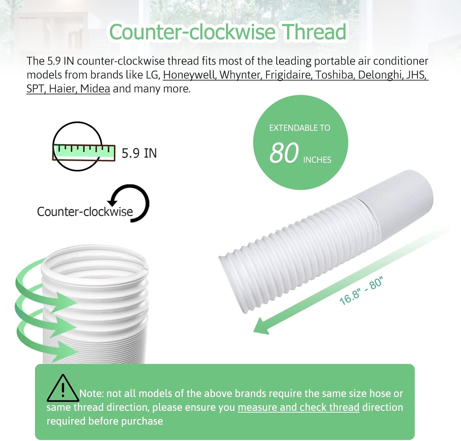 Air Conditioner Exhaust Vent Hose - 5.9" Diameter, 80" Length, Angooni Universal Counter-Clockwise Air Vent Compatible with Honeywell, Whynter, Frigidaire, LG, Delonghi Toshiba, Delonghi, JHS
