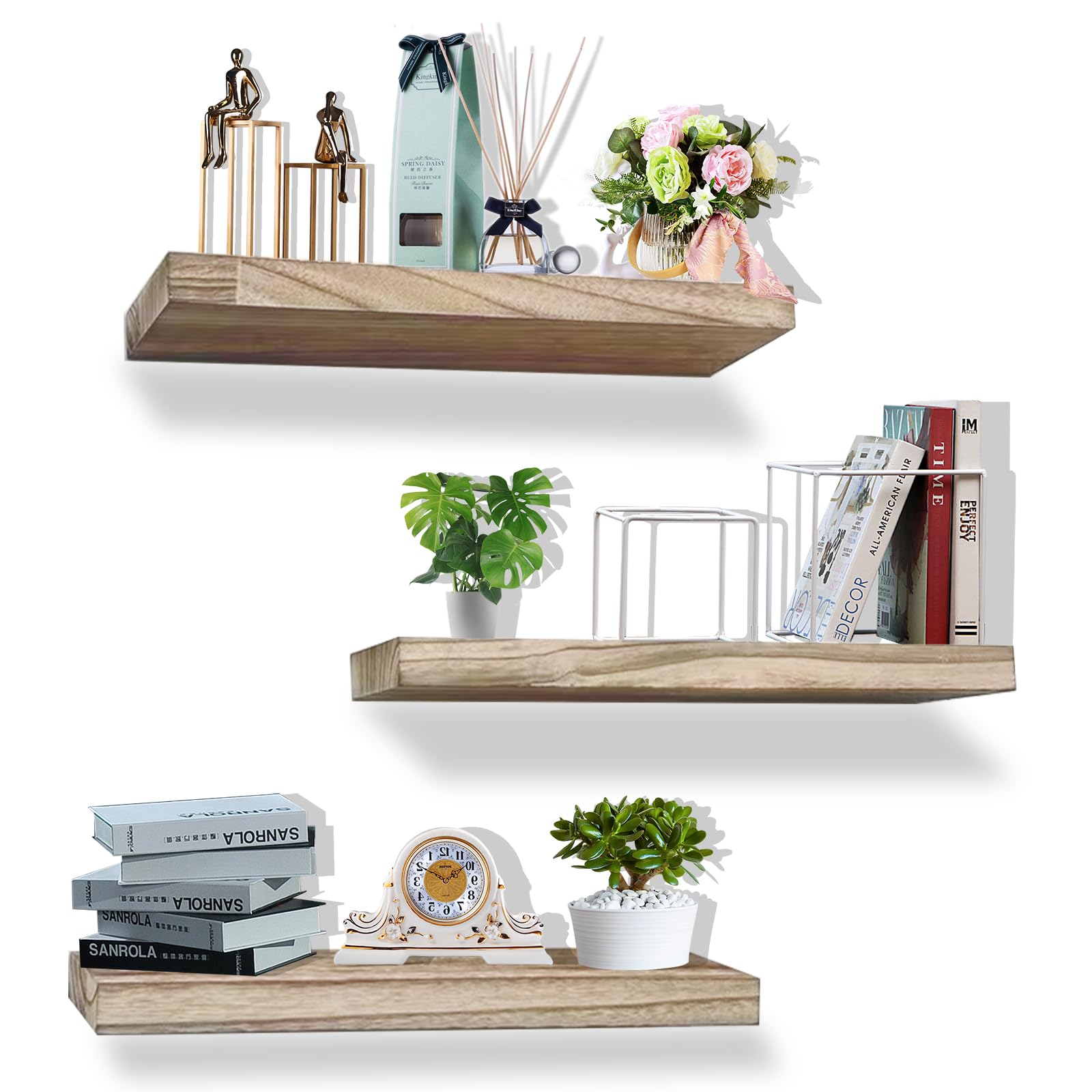 wyewye ,Floating Shelves for Wall, Rustic Solid Wood Shelves Set of 3, Durable Natural Bathroom Floating Wall Shelves with Bedroom,Kitchen,Living Room,Office Storage Decor (Light Brown)